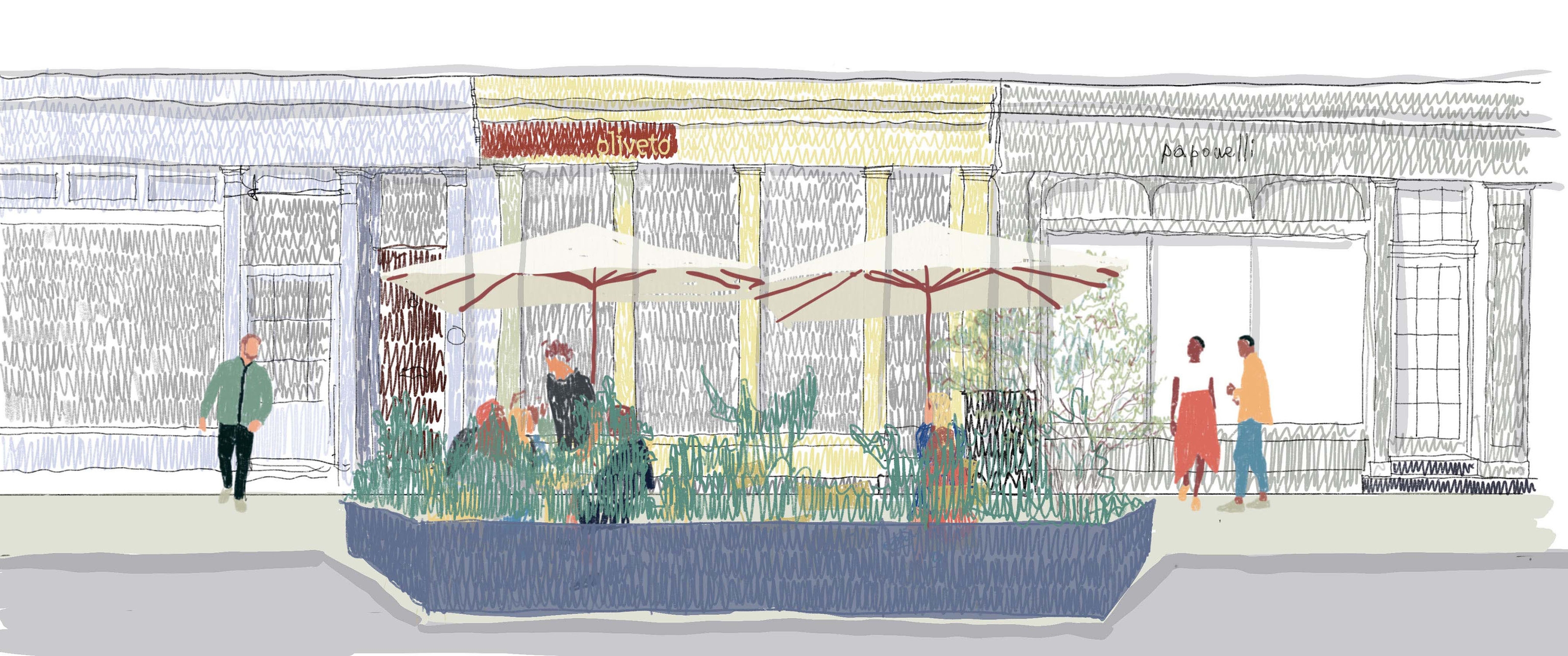 A sketched view of a street with blue planters and extensive planting enclosing an outdoor dining space on an extension to the footway.