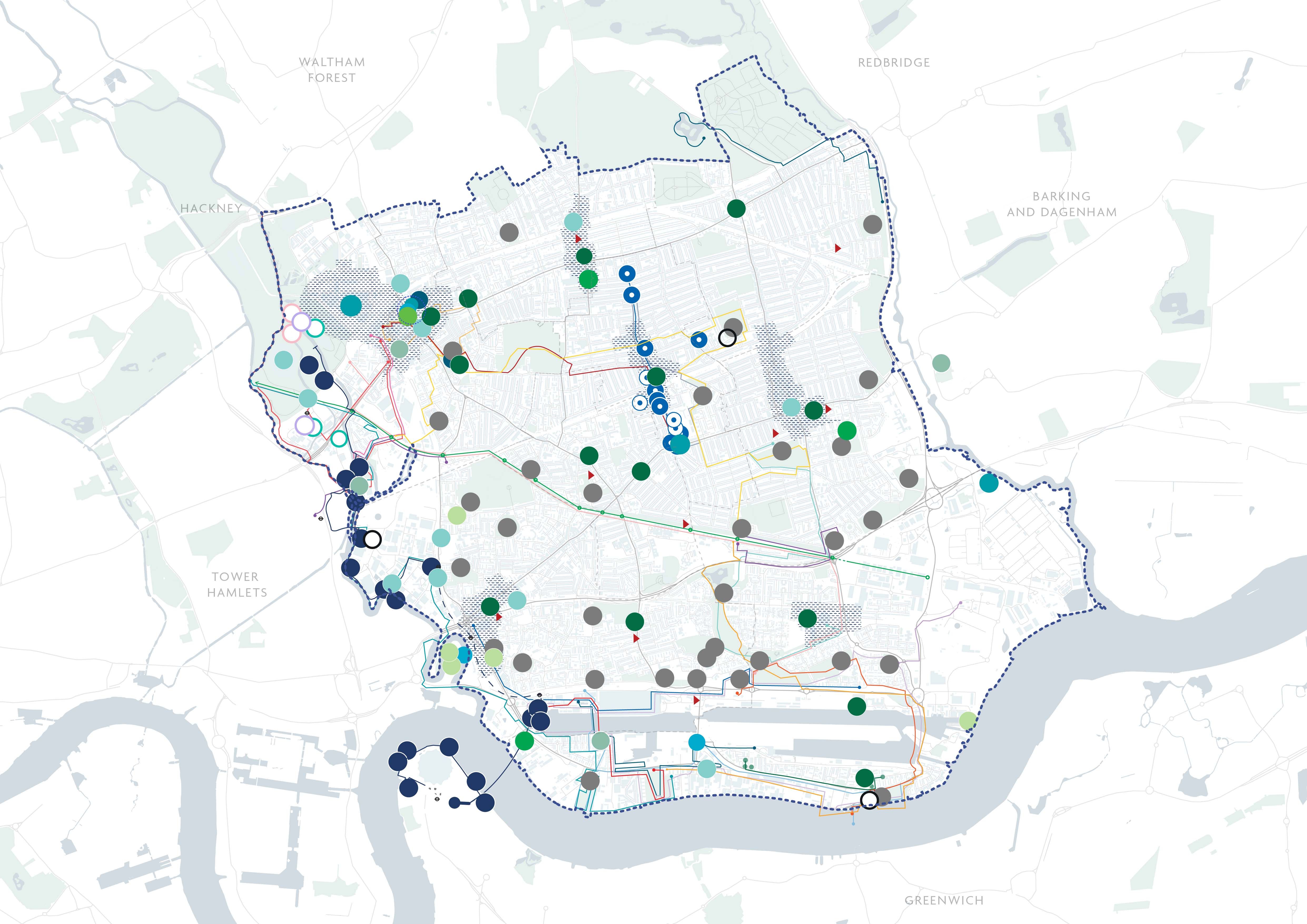 A map of Newham with cultural assets and walking routes mapped and depicted.