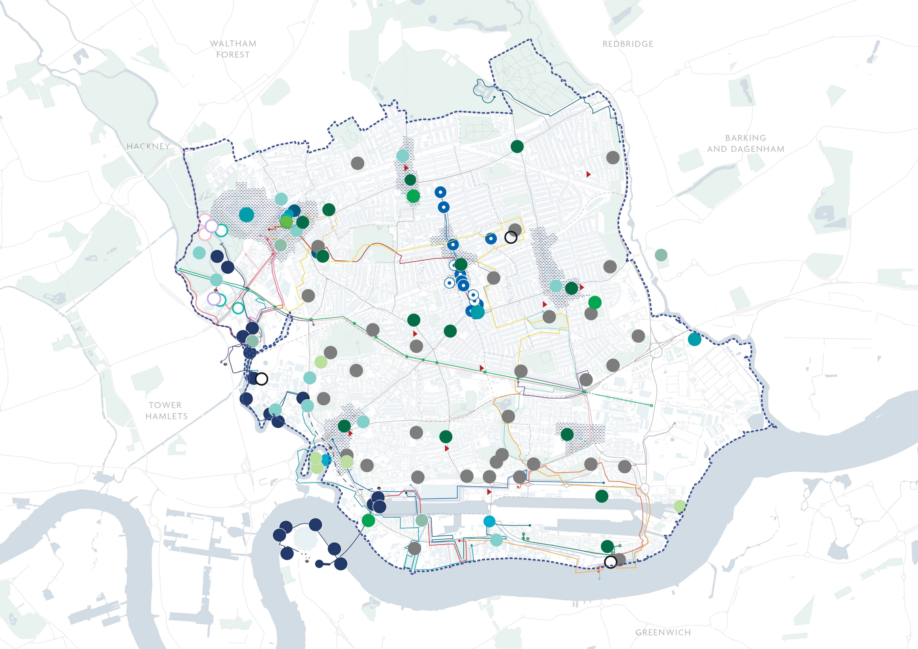 A map of Newham with cultural assets and walking routes mapped and depicted.