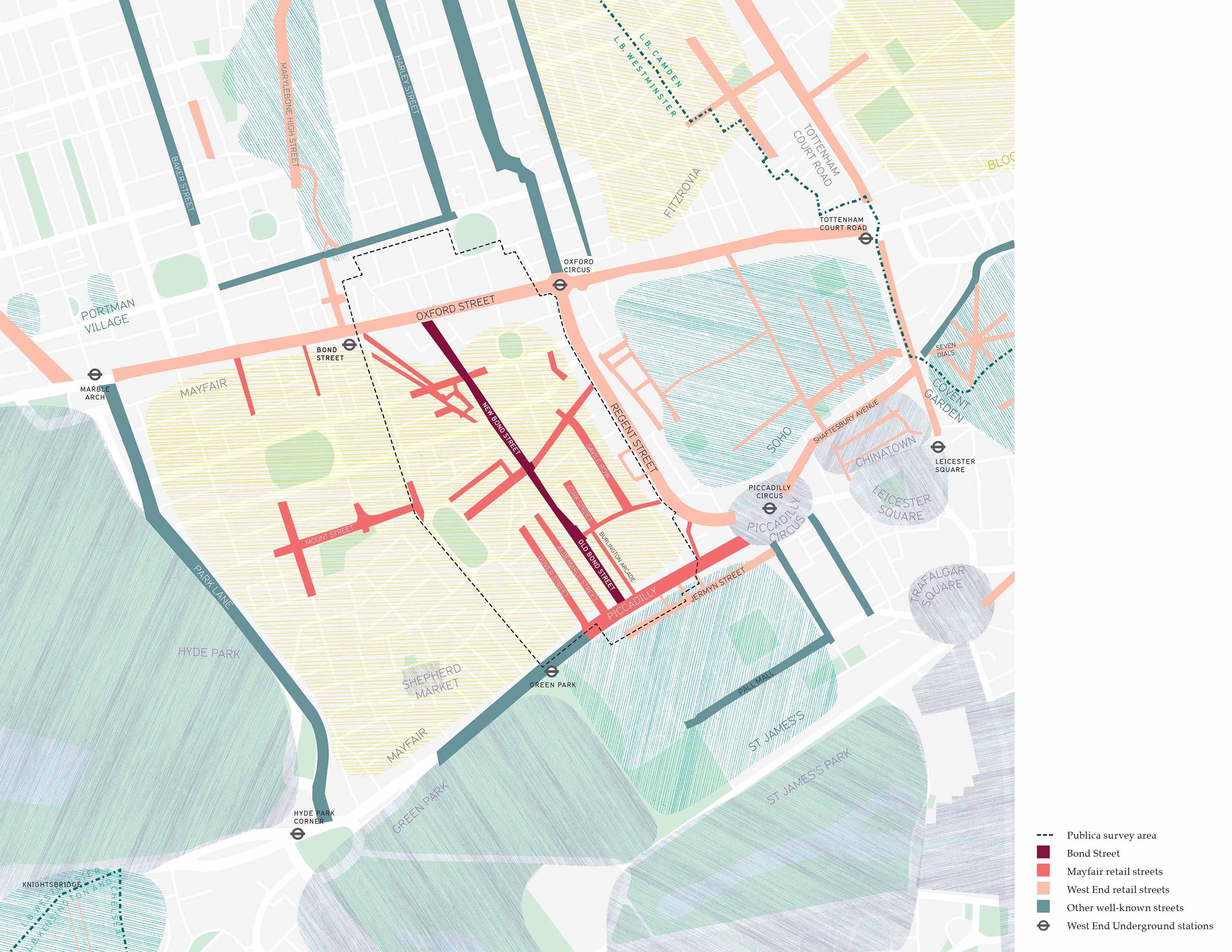 Colour coded map view Bond Street and surrounding area 