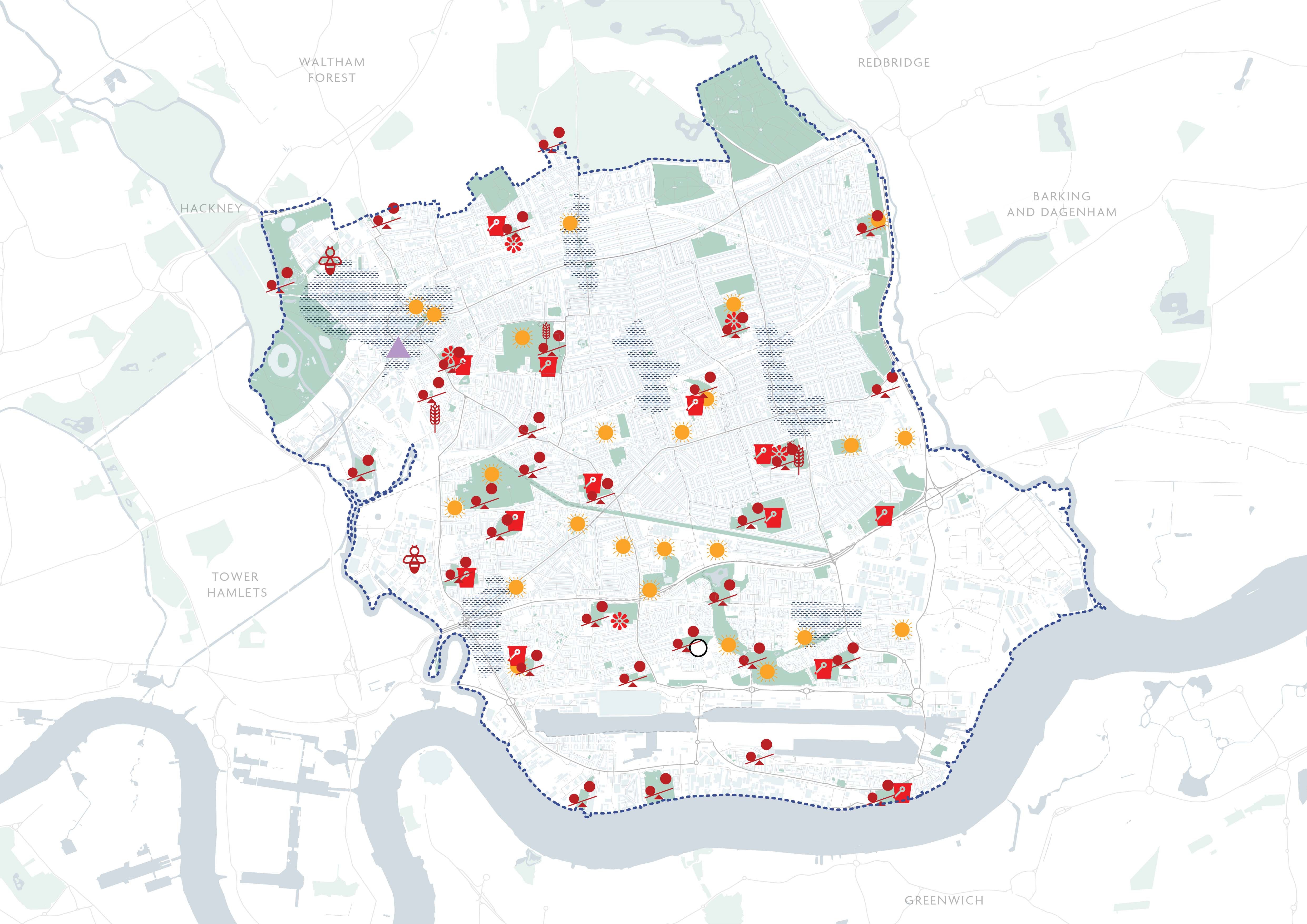 A map of Newham with play spots mapped and depicted.