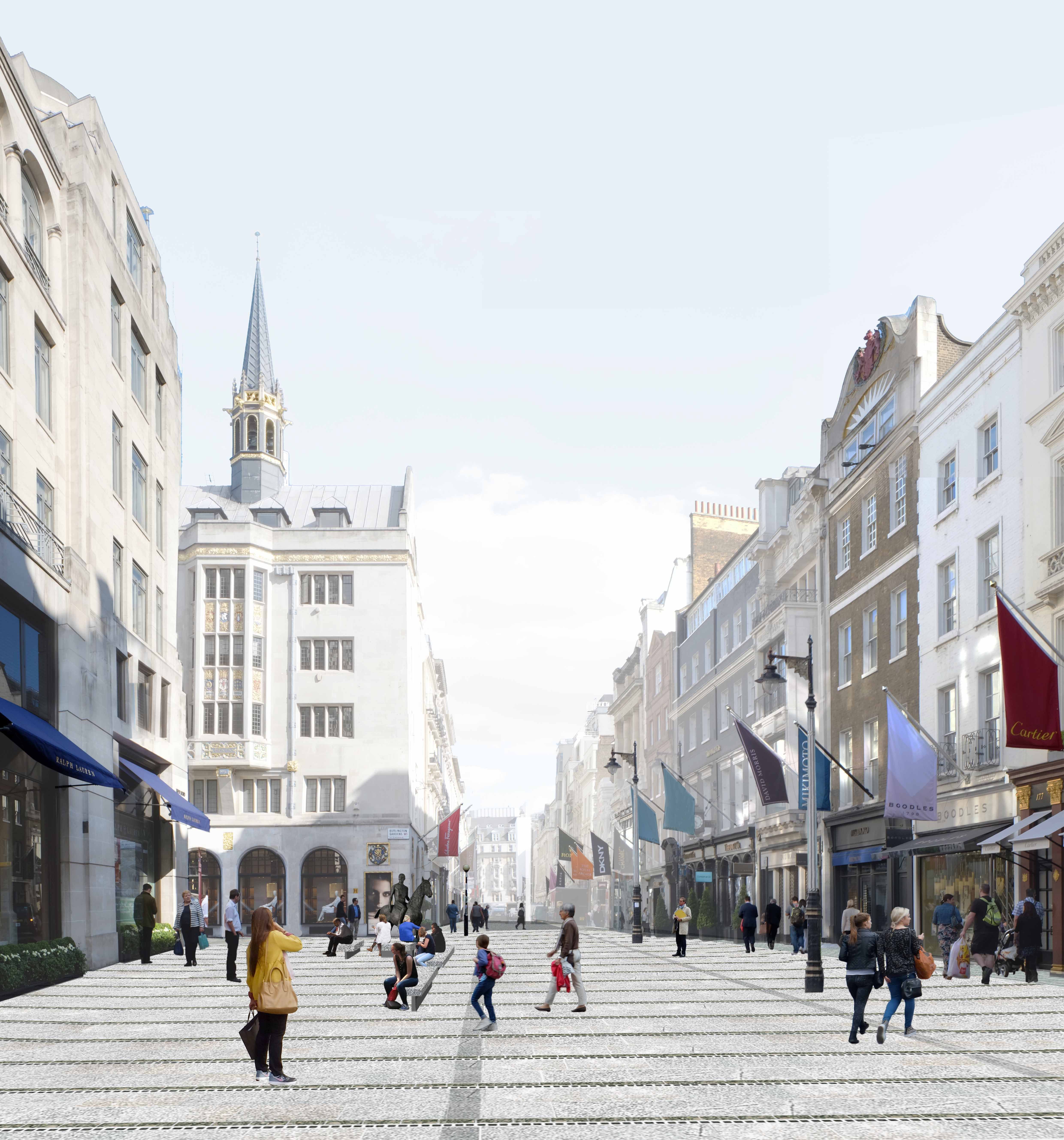 View of the proposed new public square on Bond Street where it meets Burlington Gardens with pedestrians walking across the public space.