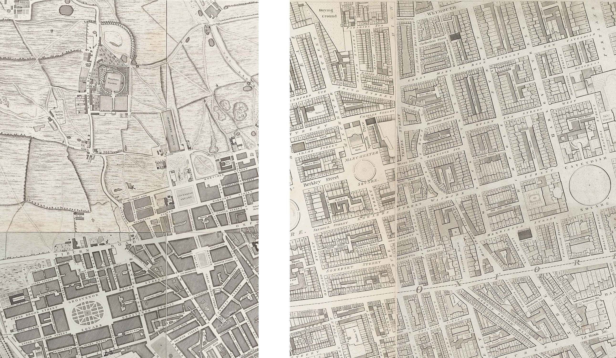 Map diagrams of the Marylebone area from 1746 and 1792