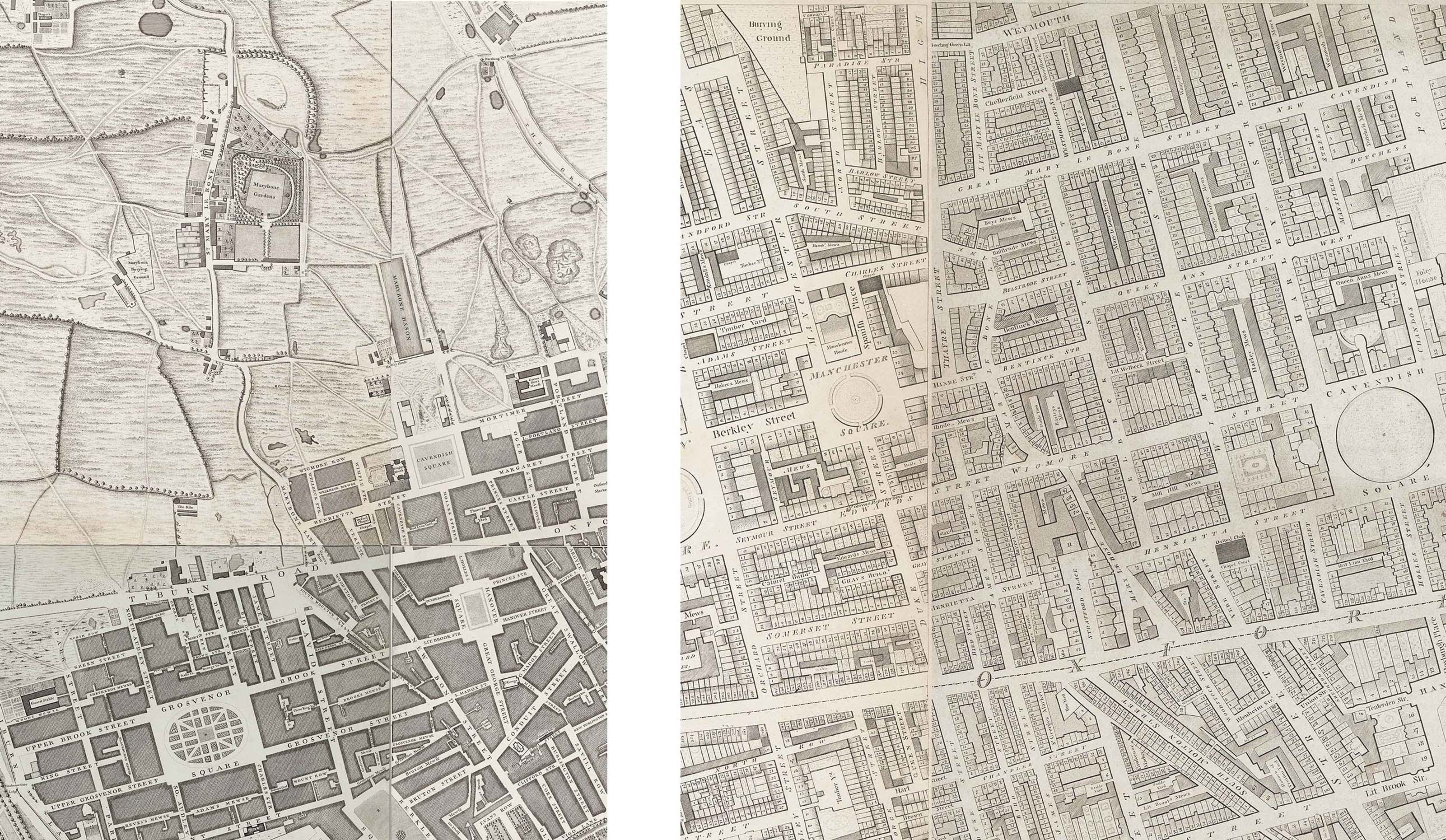 Map diagrams of the Marylebone area from 1746 and 1792
