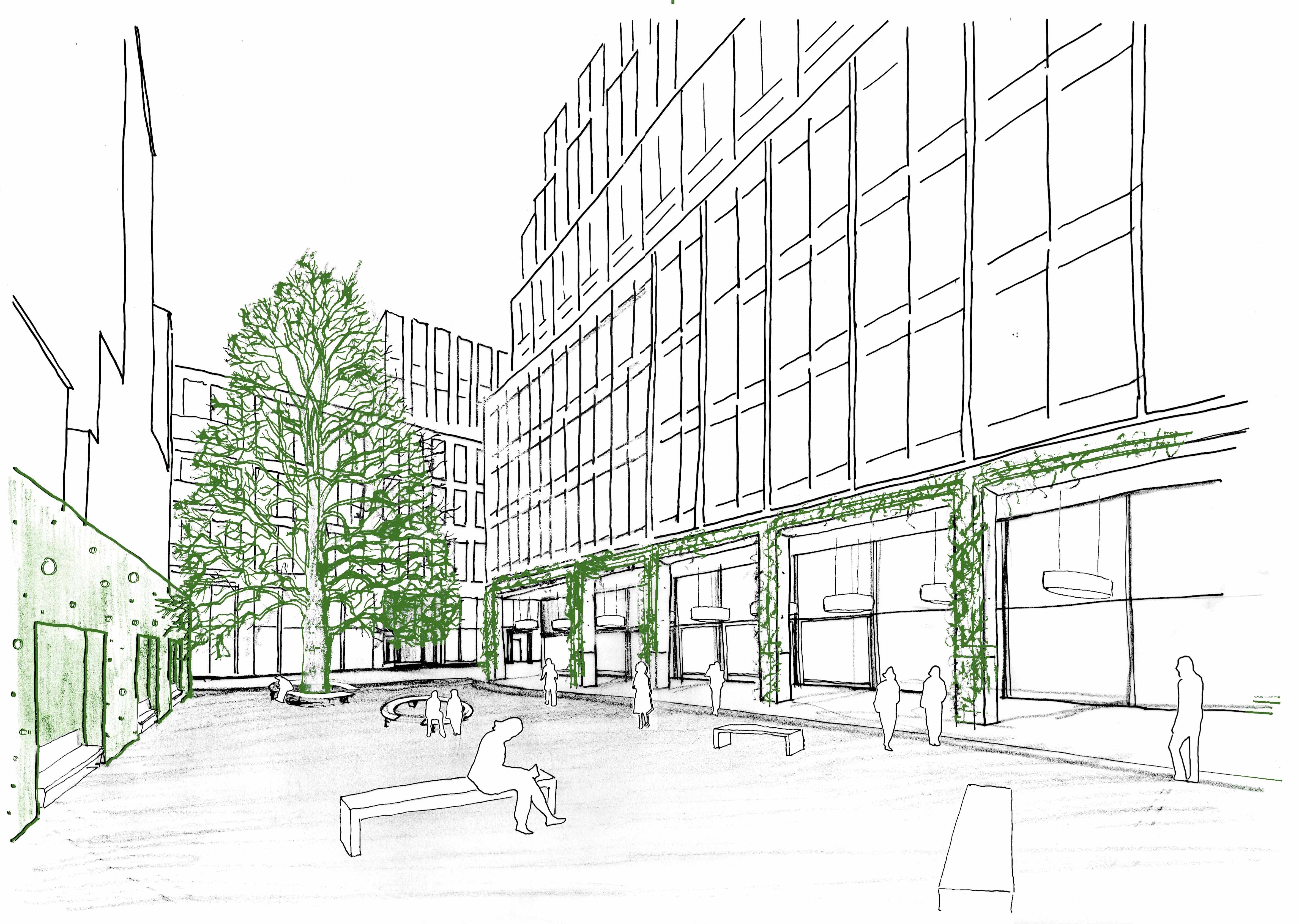 A hand drawn view from a pedestrianised space looking towards a tree in the distance with seating, lighting and active retail frontages lining the public space and additional greening highlighted in green.
