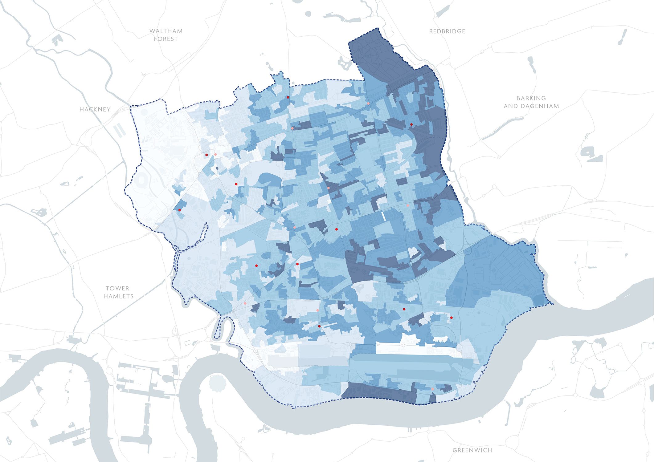 A map of Newham with colour to show population density of under 18 year olds.