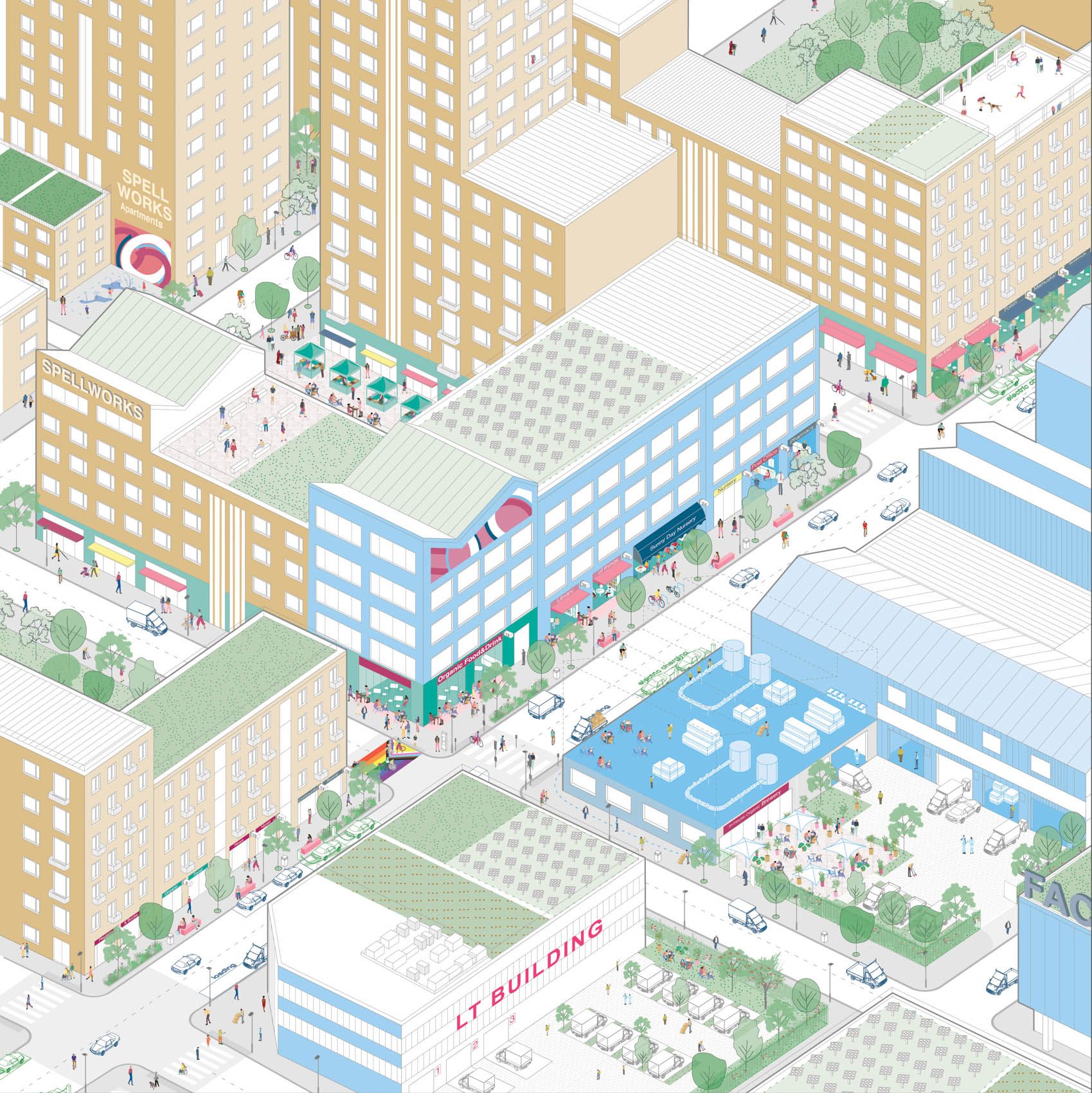 An axonometric illustration of a mixed industrial and residential neighbourhood.
