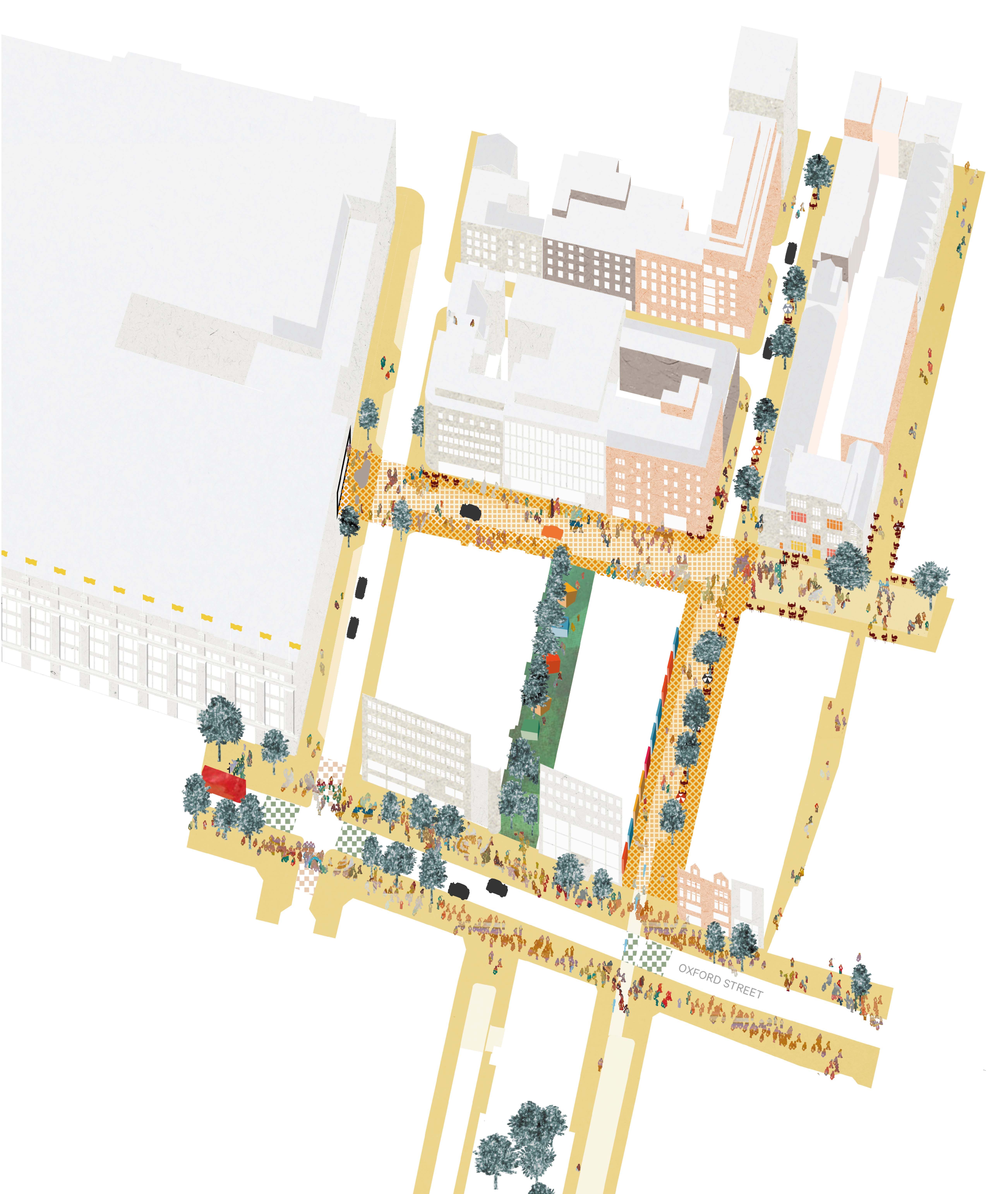 Illustrated plan of the Oxford Street District with streets and public spaces drawn in yellow for emphasis and the façades of buildings visible.