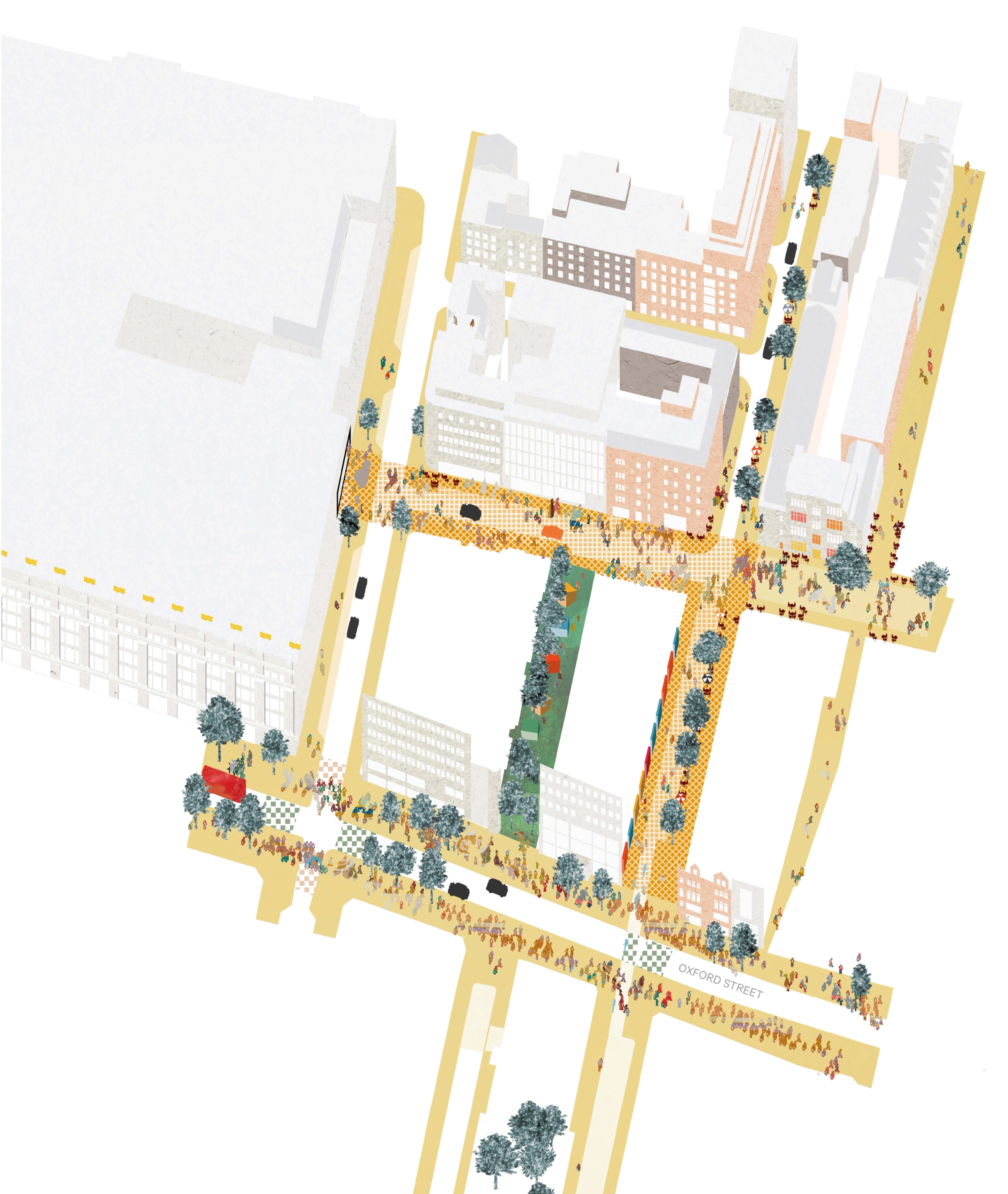 Illustrated plan of the Oxford Street District with streets and public spaces drawn in yellow for emphasis and the façades of buildings visible.