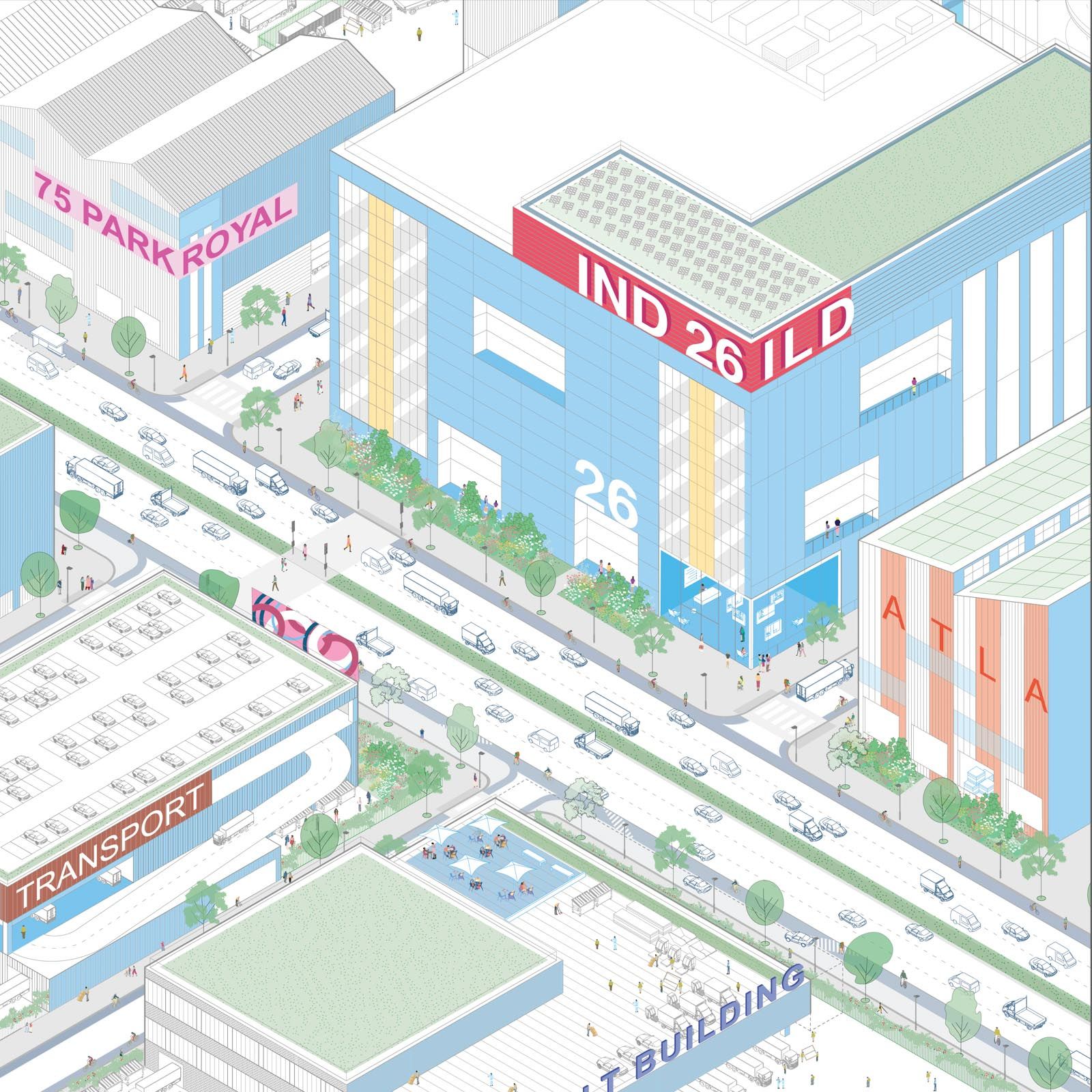 An axonometric illustration of large multi-storey light industrial buildings with a primary road.