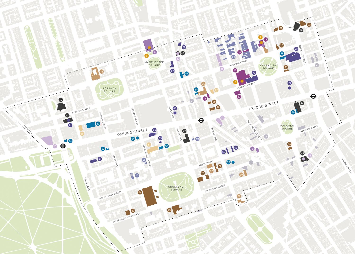 Plan view map of cultural, community and educational institutions in the Oxford Street District.