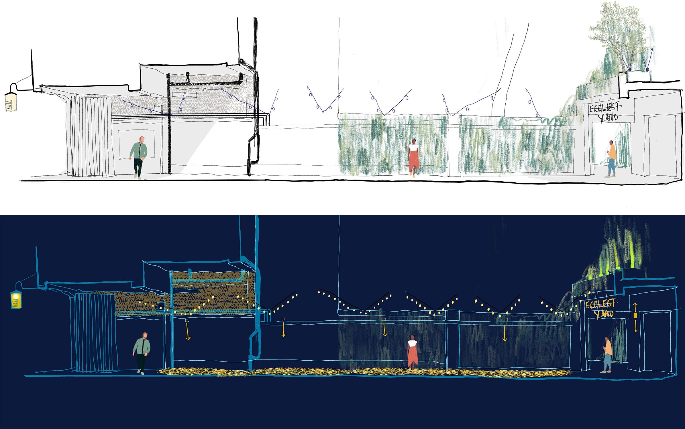 A sketched proposed view of Eccleston Yards in night and day.