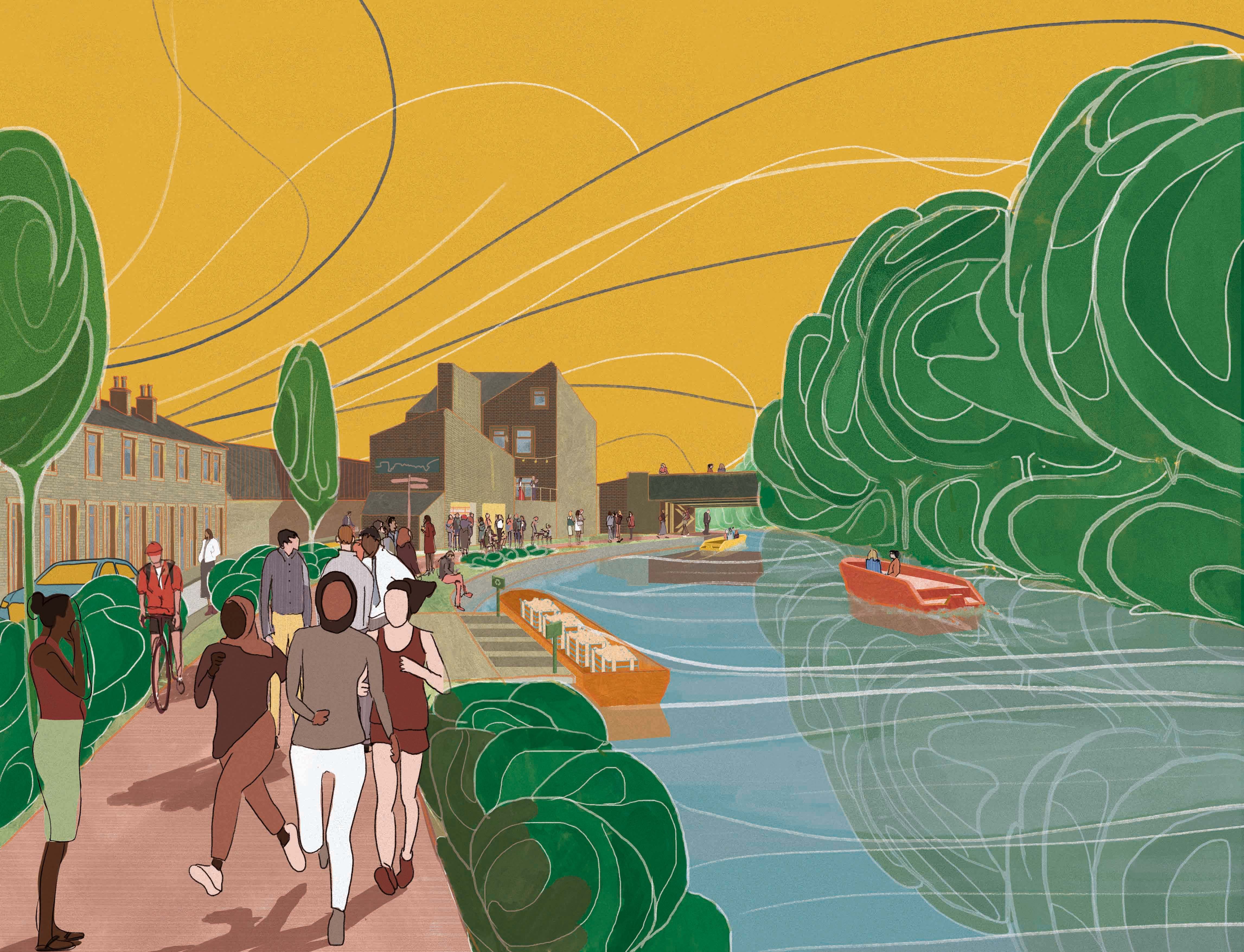 People running, cycling and walking along a canal towpath.