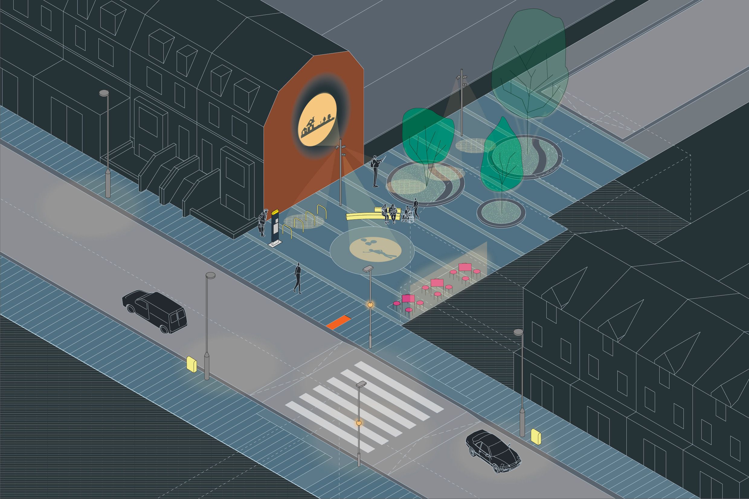 Diagram of a street junction at night with some spotlights onto a pedestrianised road.