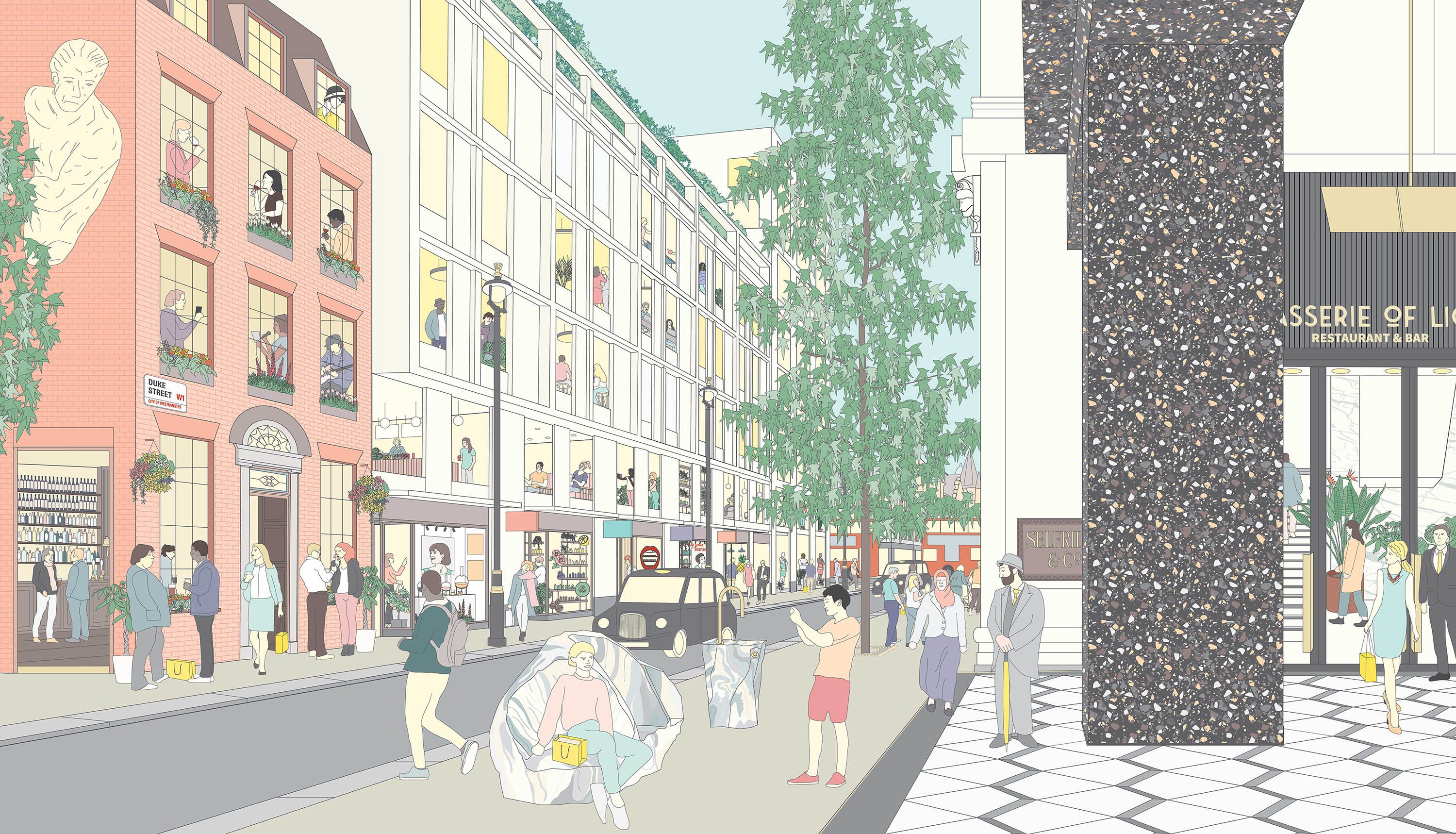 Illustrated view of street corner with shop fronts, one car driving down the narrow road and many pedestrians walking, sitting and standing around.