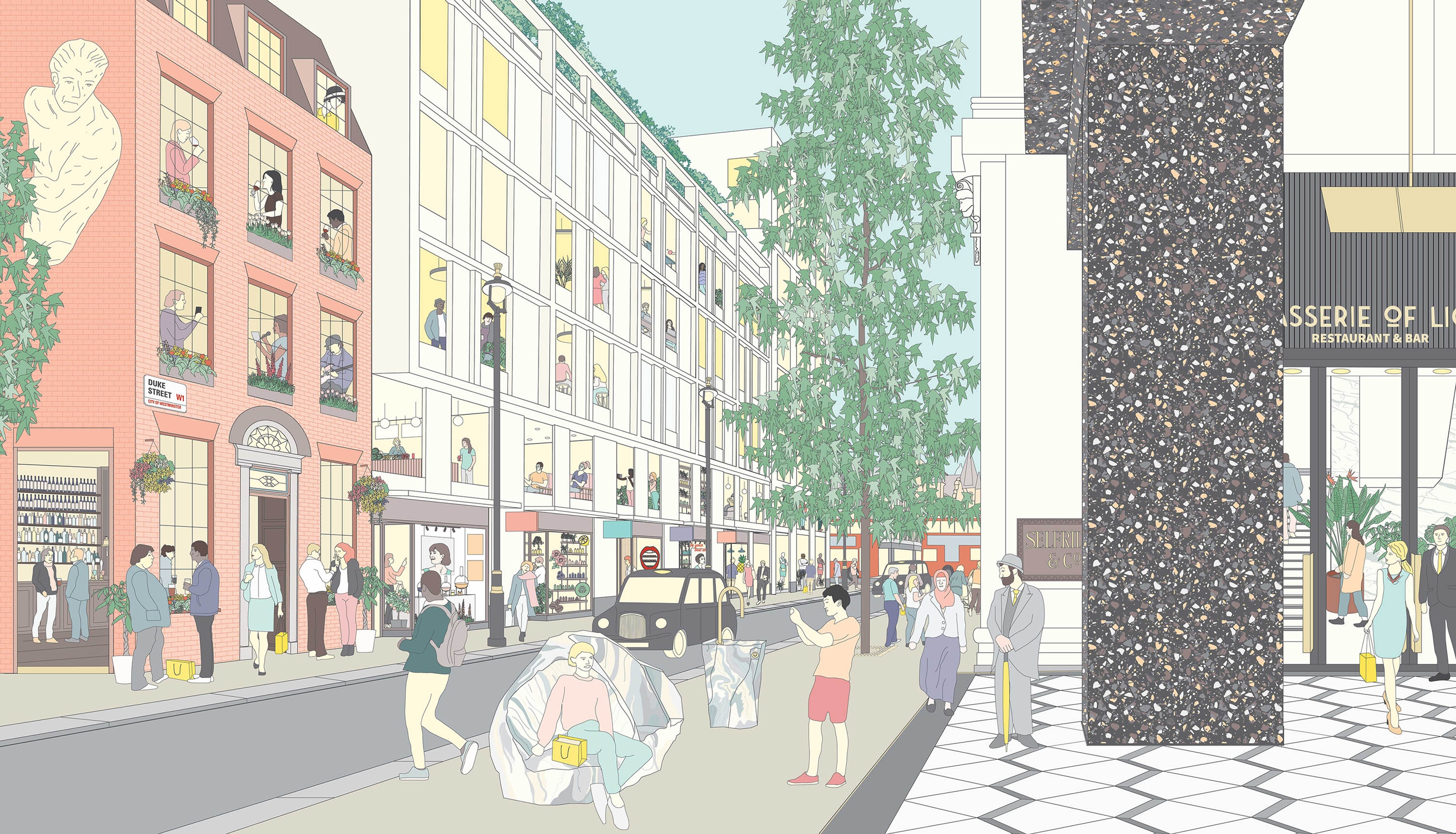 Illustrated view of street corner with shop fronts, one car driving down the narrow road and many pedestrians walking, sitting and standing around.