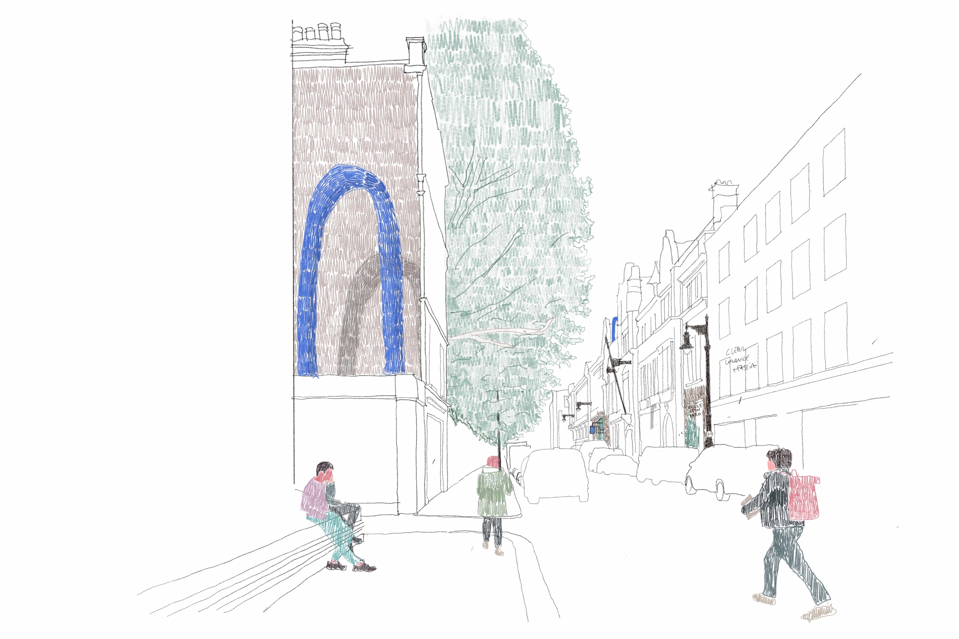 Sketched proposed view of a pedestrian crossing the road as someone sits down and a third person walks along the pavement.