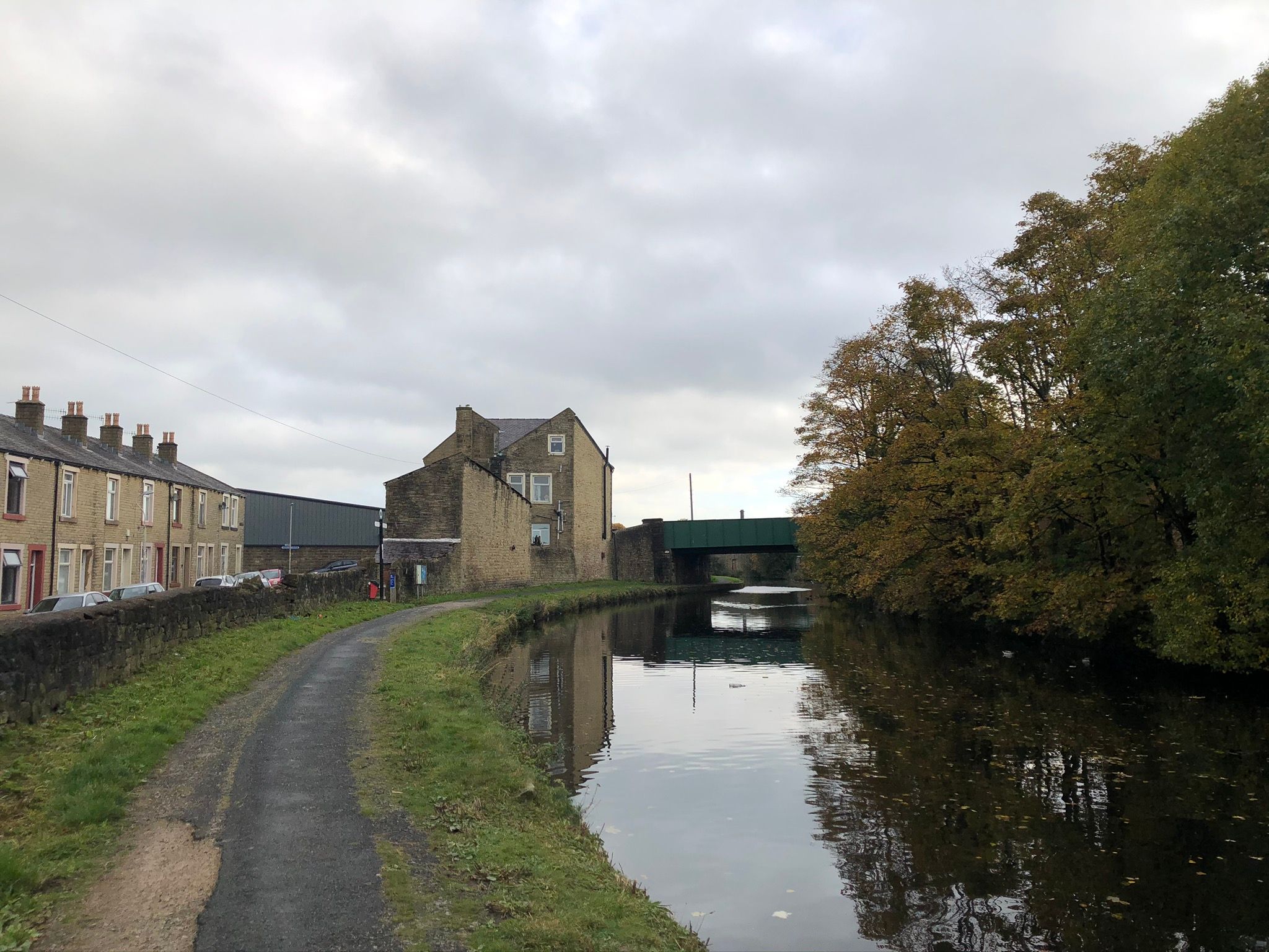 A canal and towpath with some trees leaning over the water