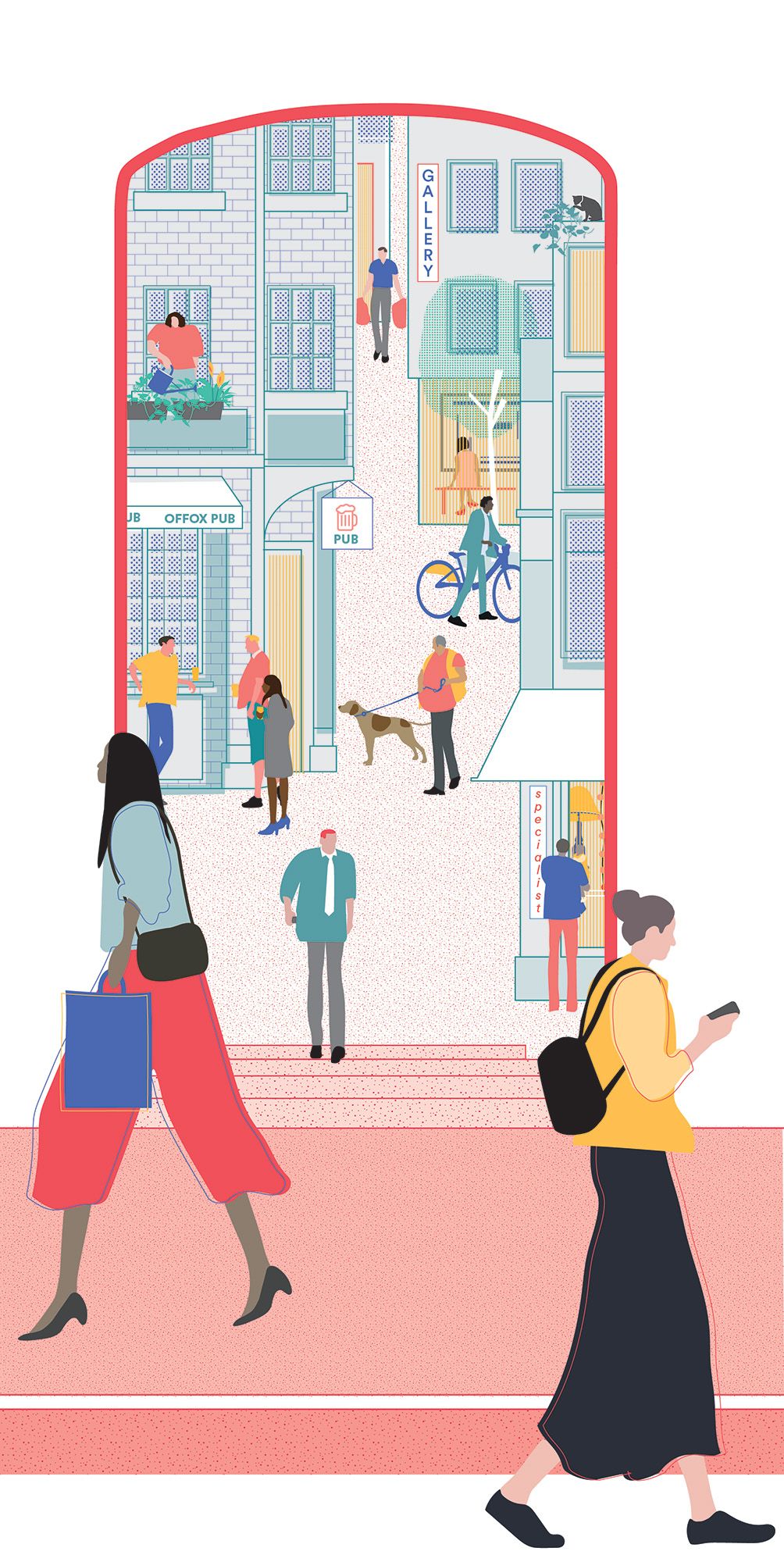 An illustrated view through an arch towards a side street with pedestrians.