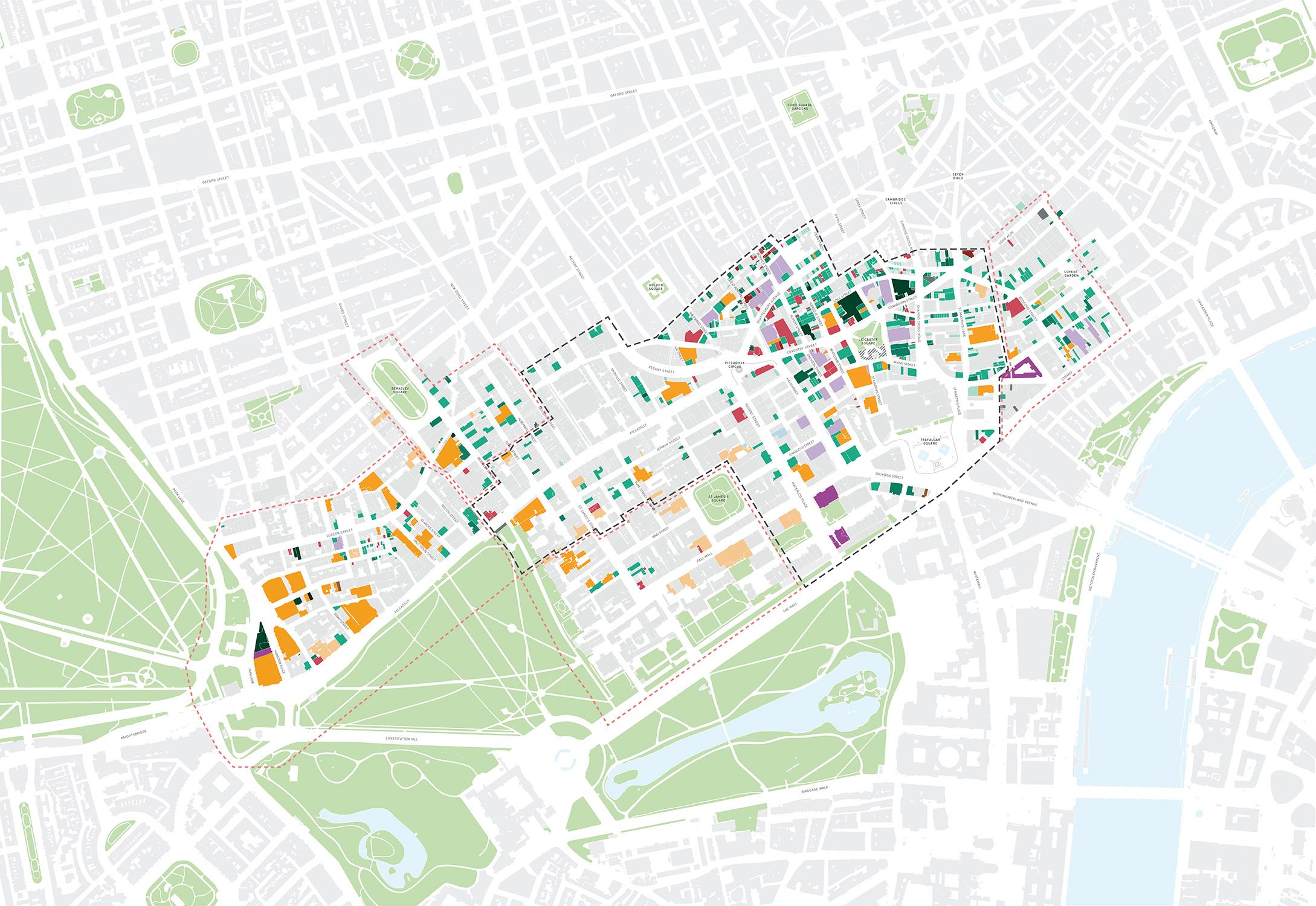 Map of the Heart of London area with land uses colour-coded to show only the businesses that remain open on a Saturday from 9pm to 11pm.