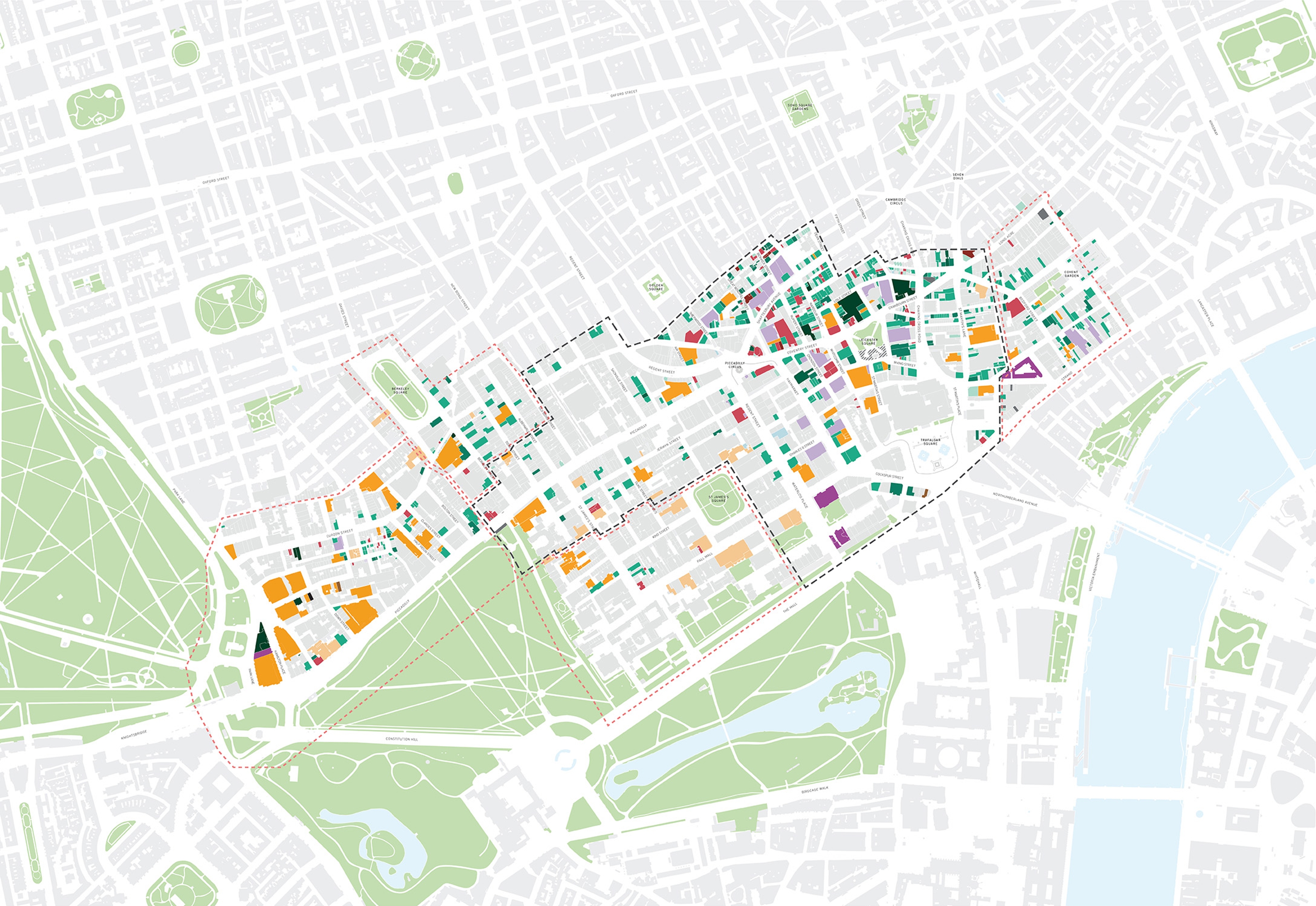 Map of the Heart of London area with land uses colour-coded to show only the businesses that remain open on a Saturday from 9pm to 11pm.