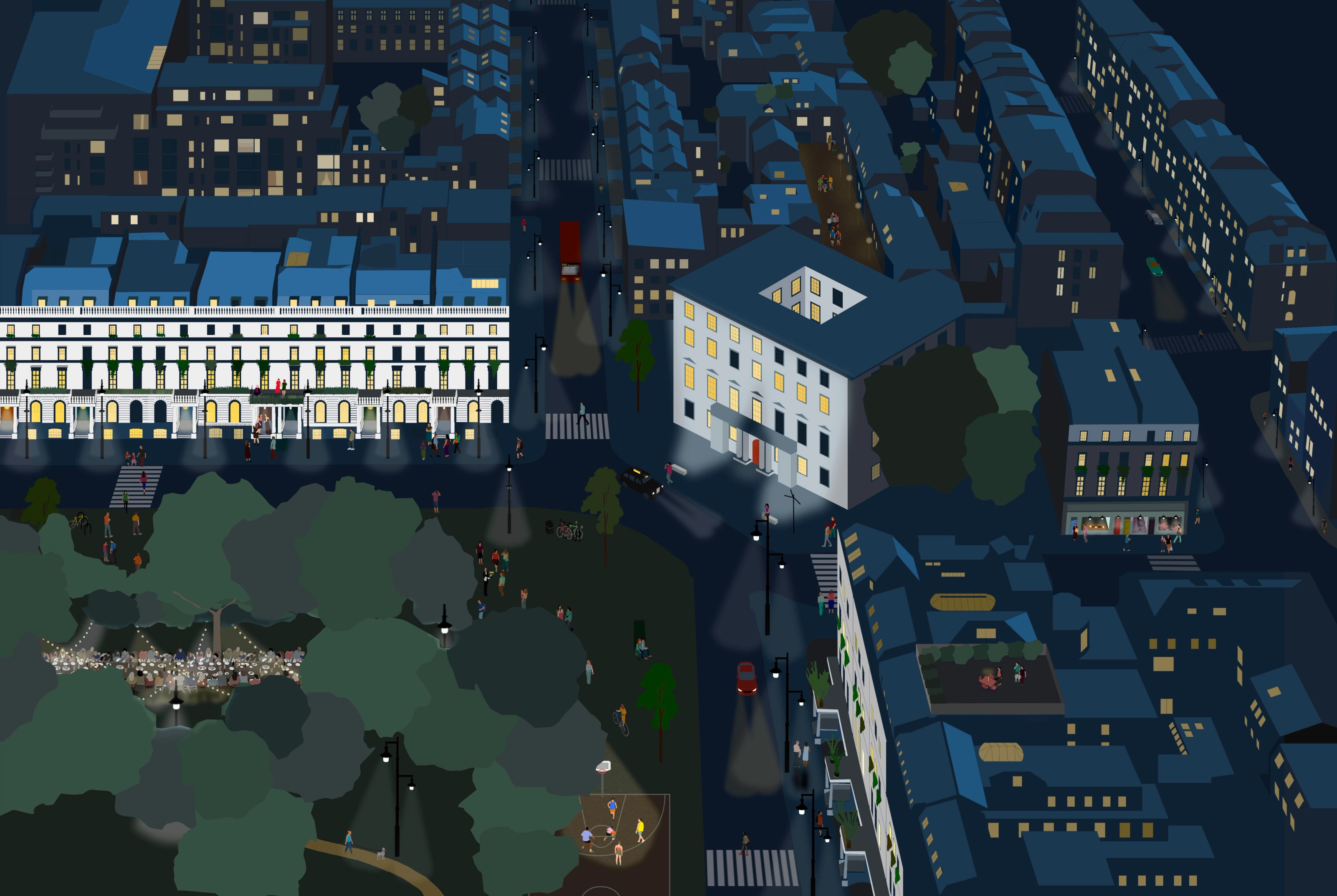 An axonometric illustration of a garden square at night.
