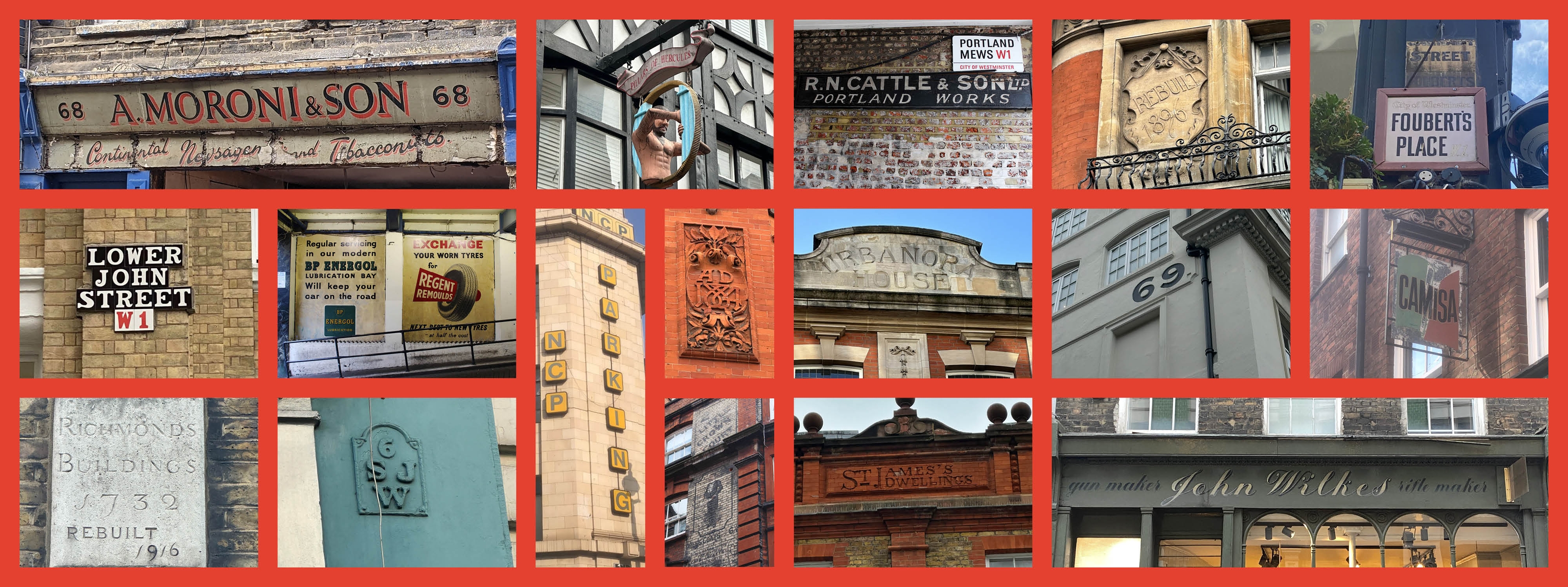 A collection of images of signage and street names with red background.