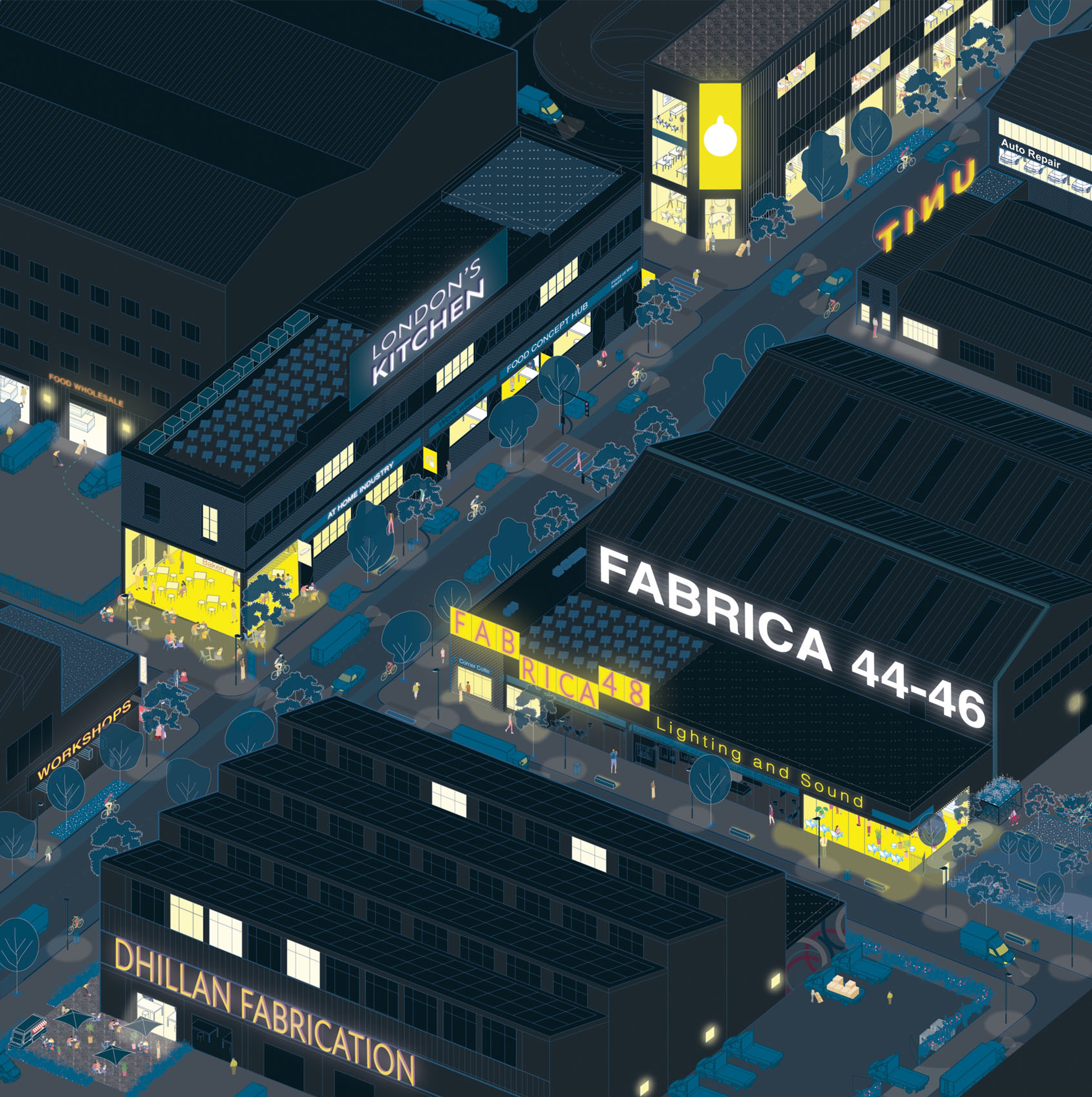 An axonometric illustration of a mixed industrial neighbourhood at night with building frontages and corners illuminated.