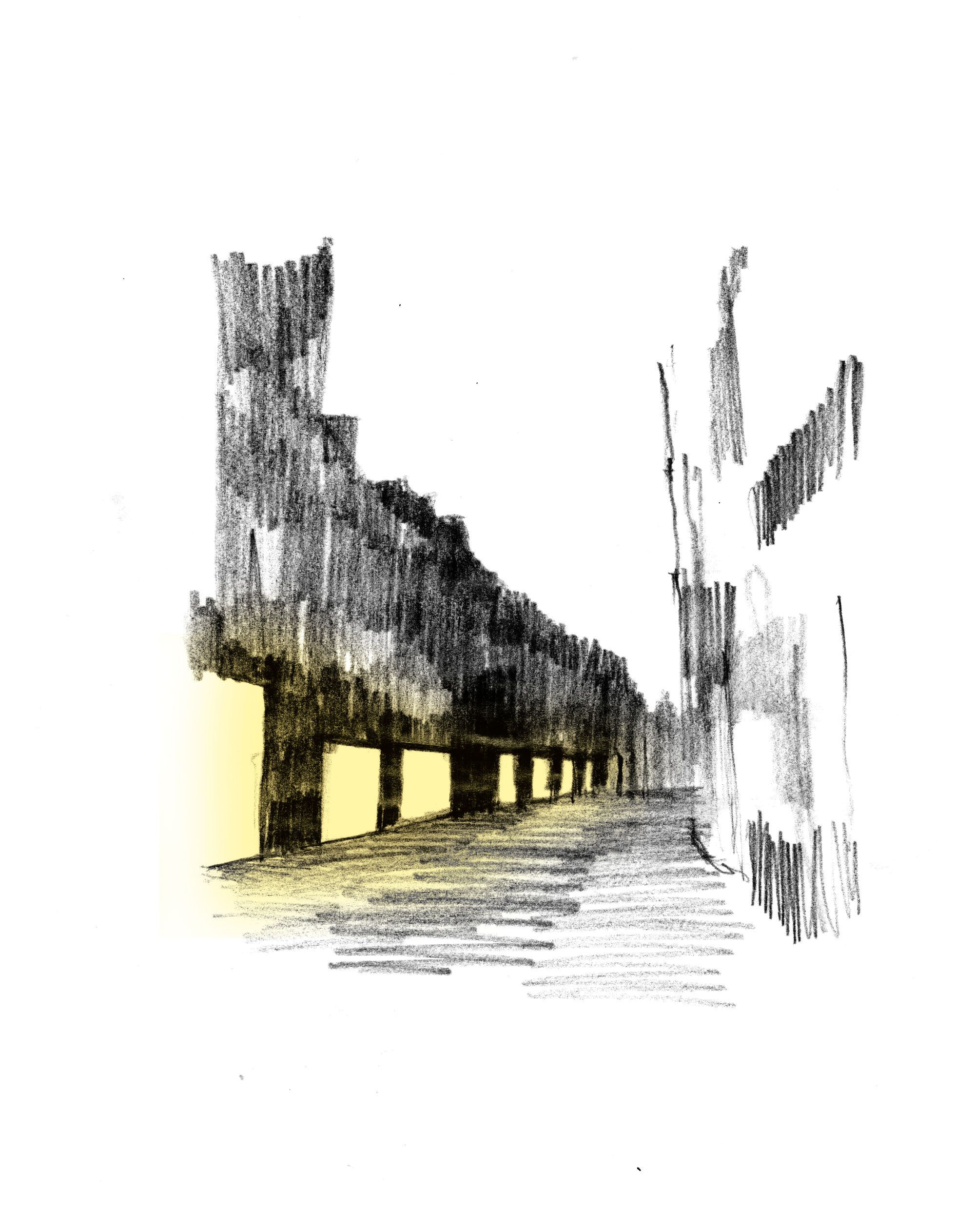 Sketch drawing of street with lit up windows.