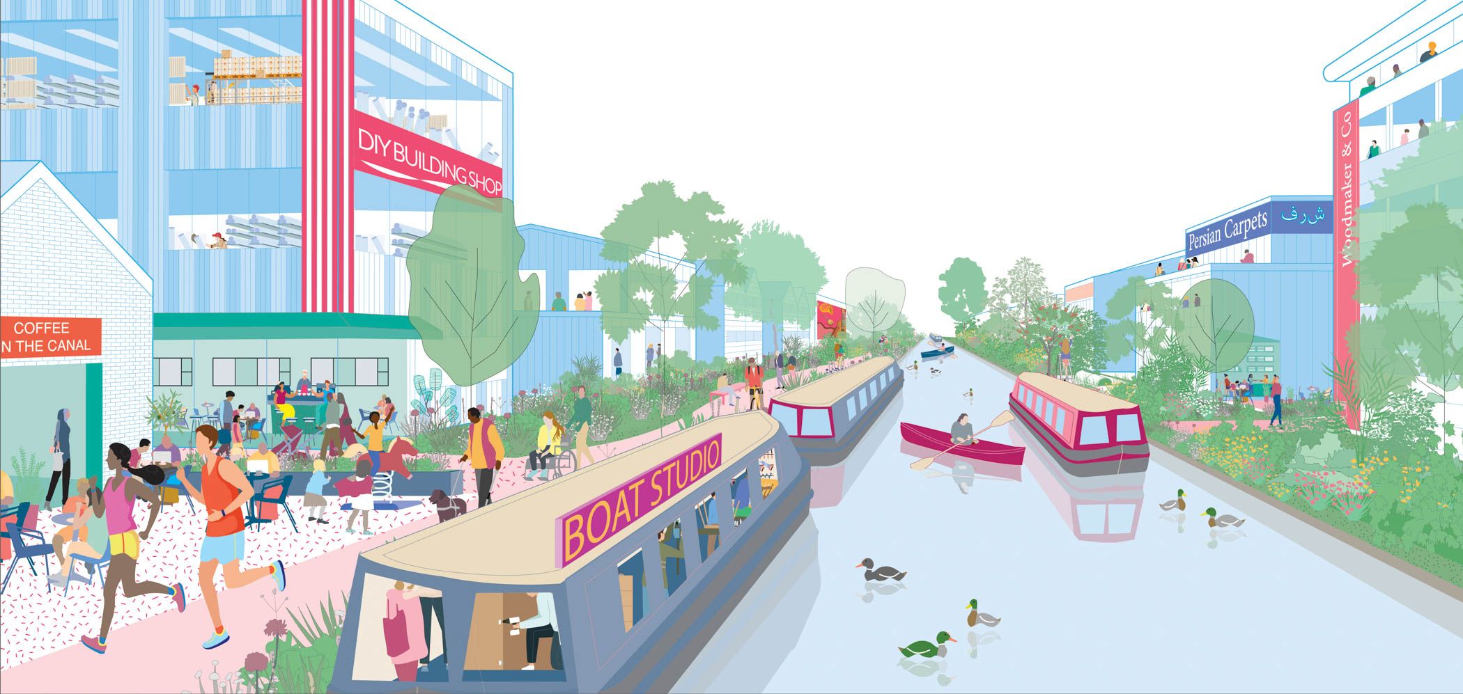 An illustrated view of a canal with narrowboats and pedestrians and runners using the towpath.