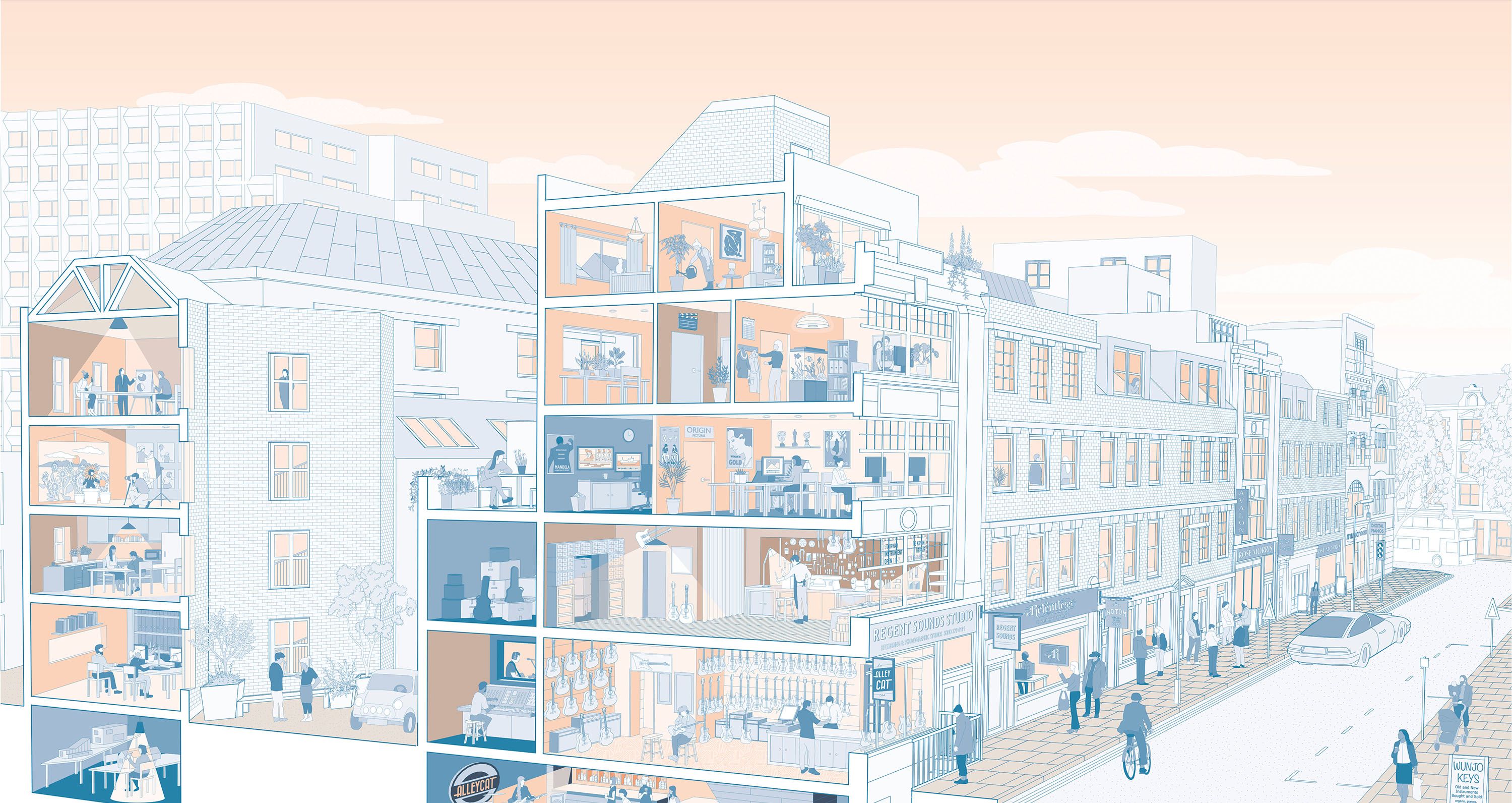 Cross-section of a building in orange and blue.