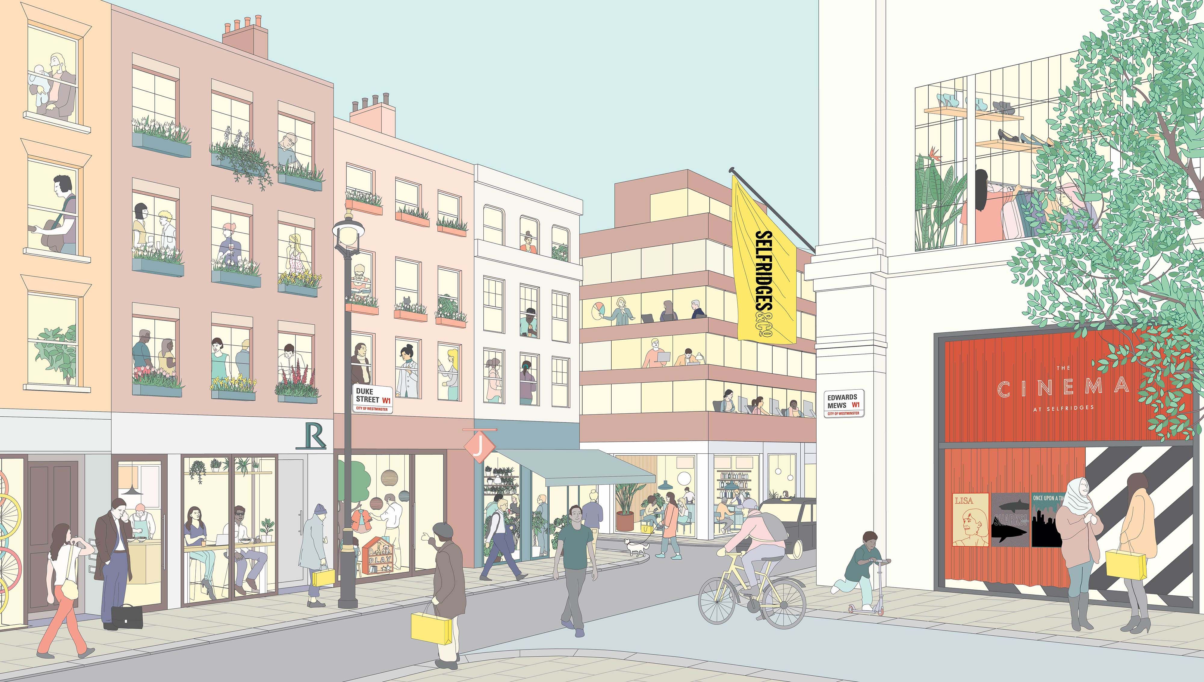 Illustrated view of the corner of Selfridges showing a cinema and other shop fronts and people walking and cycling