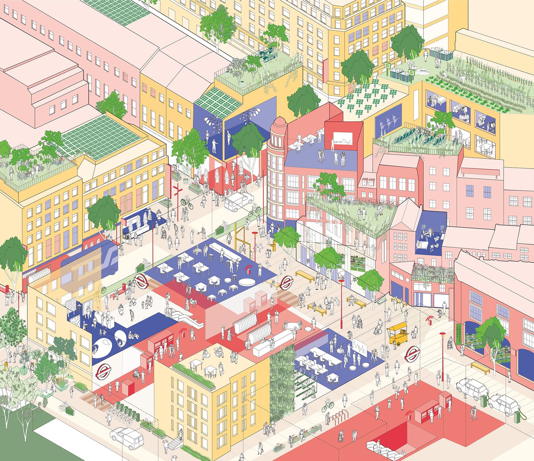 Illustrated view of section of Oxford Street with pedestrians on the street.