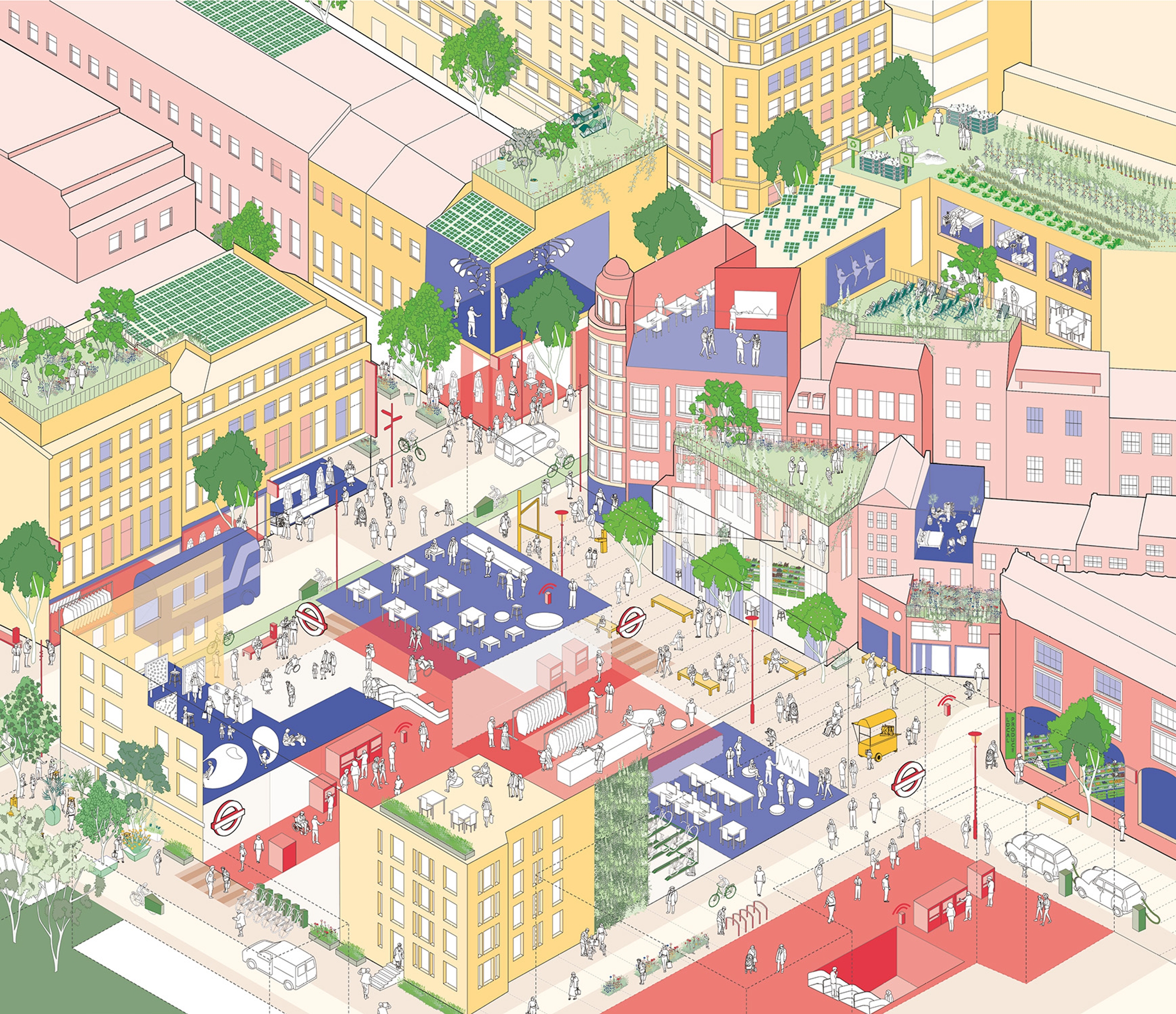 Illustrated view of section of Oxford Street with pedestrians on the street.