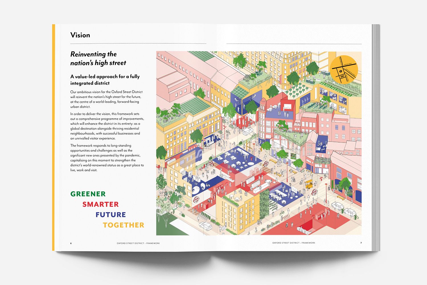 An open book with the page heading "What is the Oxford Street District?".
