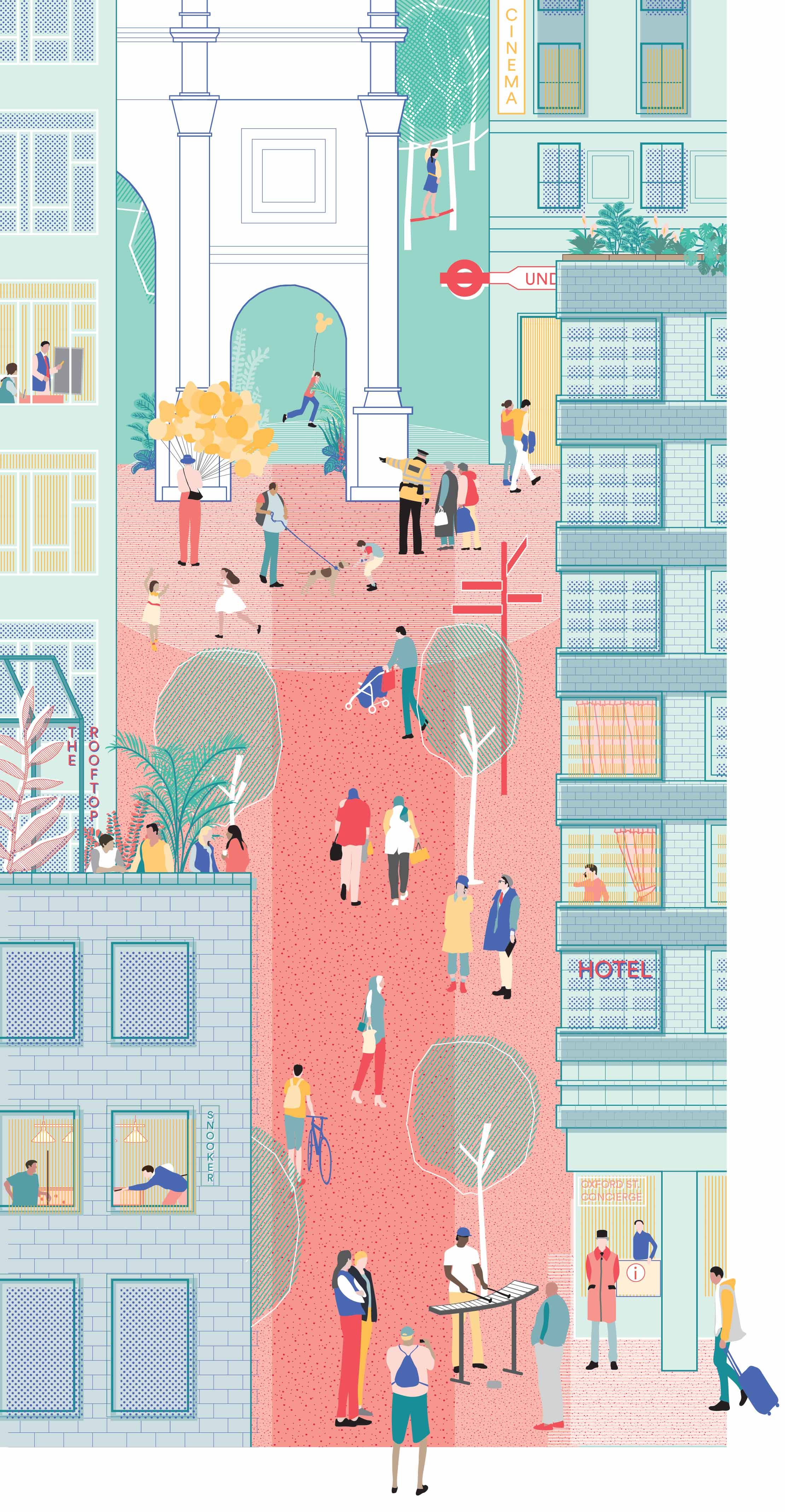 An illustrated view of Marble Arch with pedestrianised streets and extensive street activity.