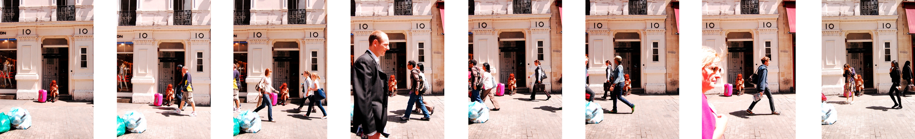 A series of eight photographs looking towards the shop entrance at 10 Argyll Street showing pedestrians walking along the street in both directions.