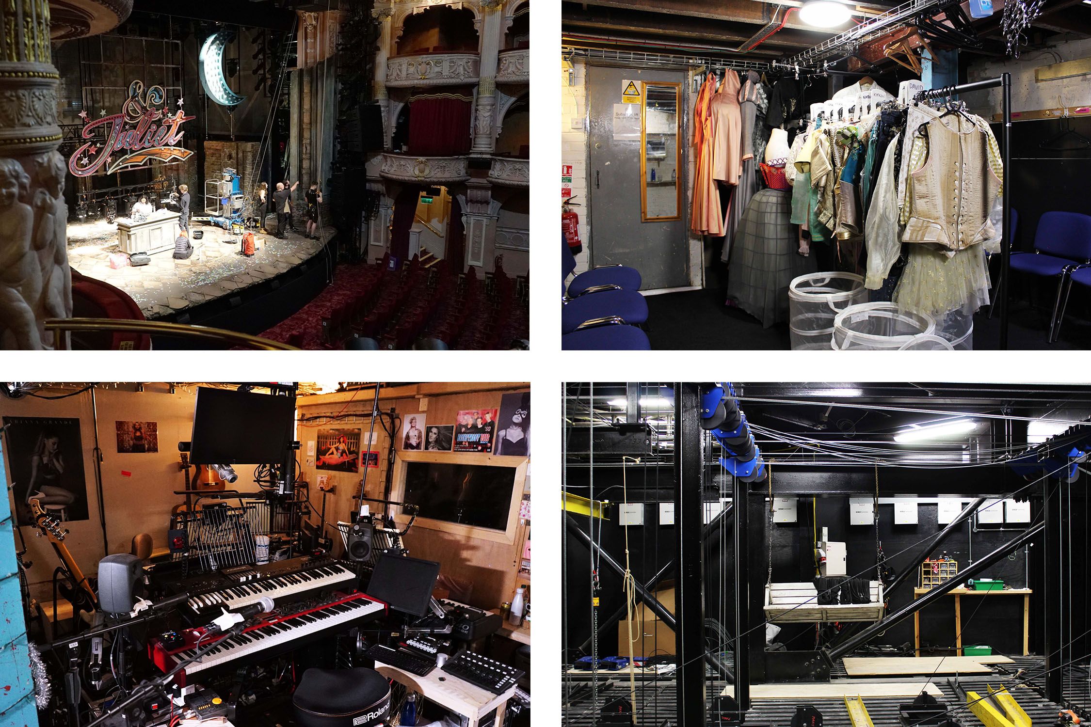 Four images of theatre settings. One of an empty theatre stage with a large sign reading "& Juliet". The red velvet seats in the audience are also empty. One of a rack of historical costumes backstage at a theatre. One of a recording studio with two keyboards, guitars, microphones and screens with pop posters up on the wall. One of backstage equipment at a theatre including ropes.