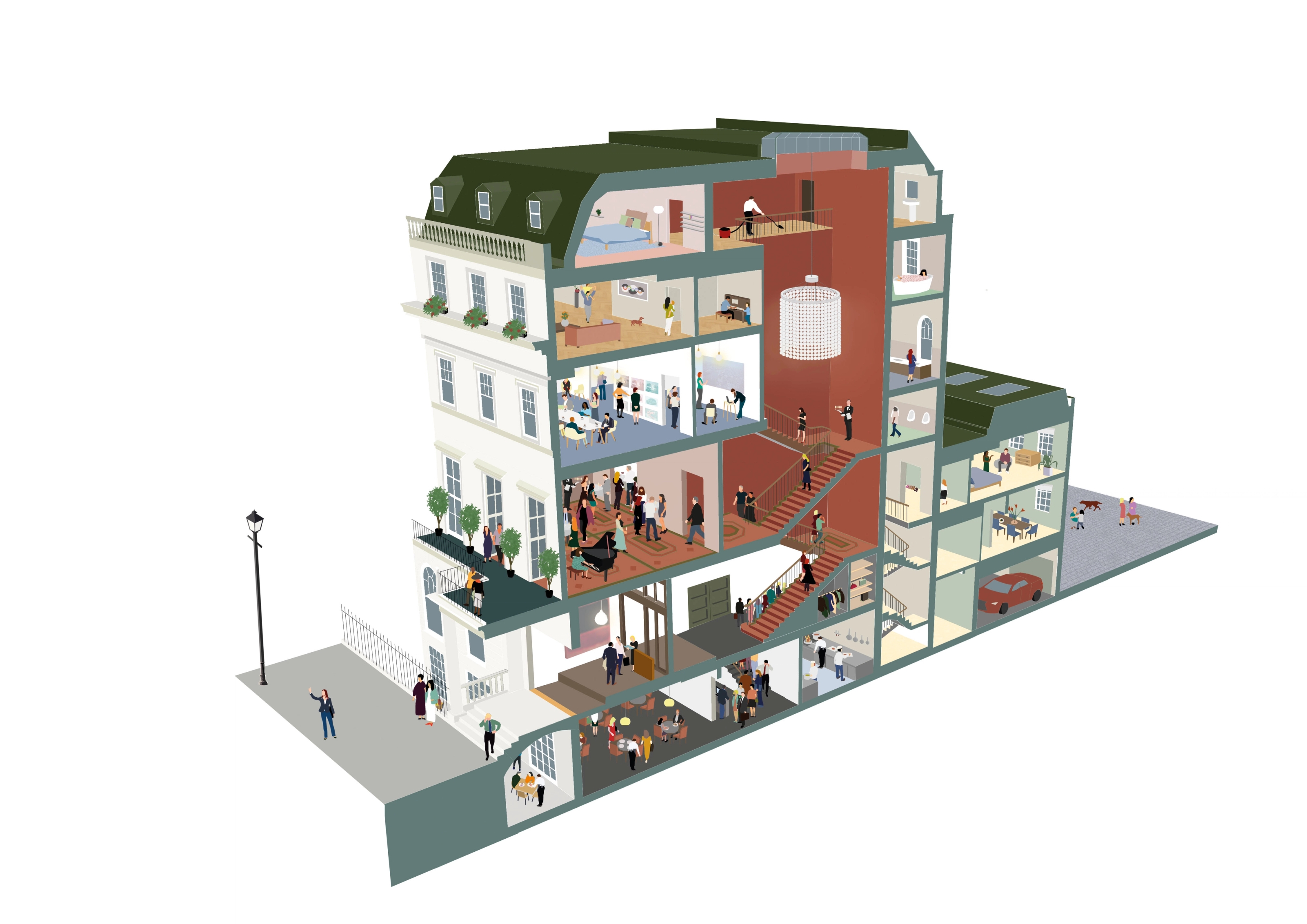 An illustrated section through a typical Georgian residential block showing the internal layout of the building and details such as the rear-access parking and below-ground basement flat.