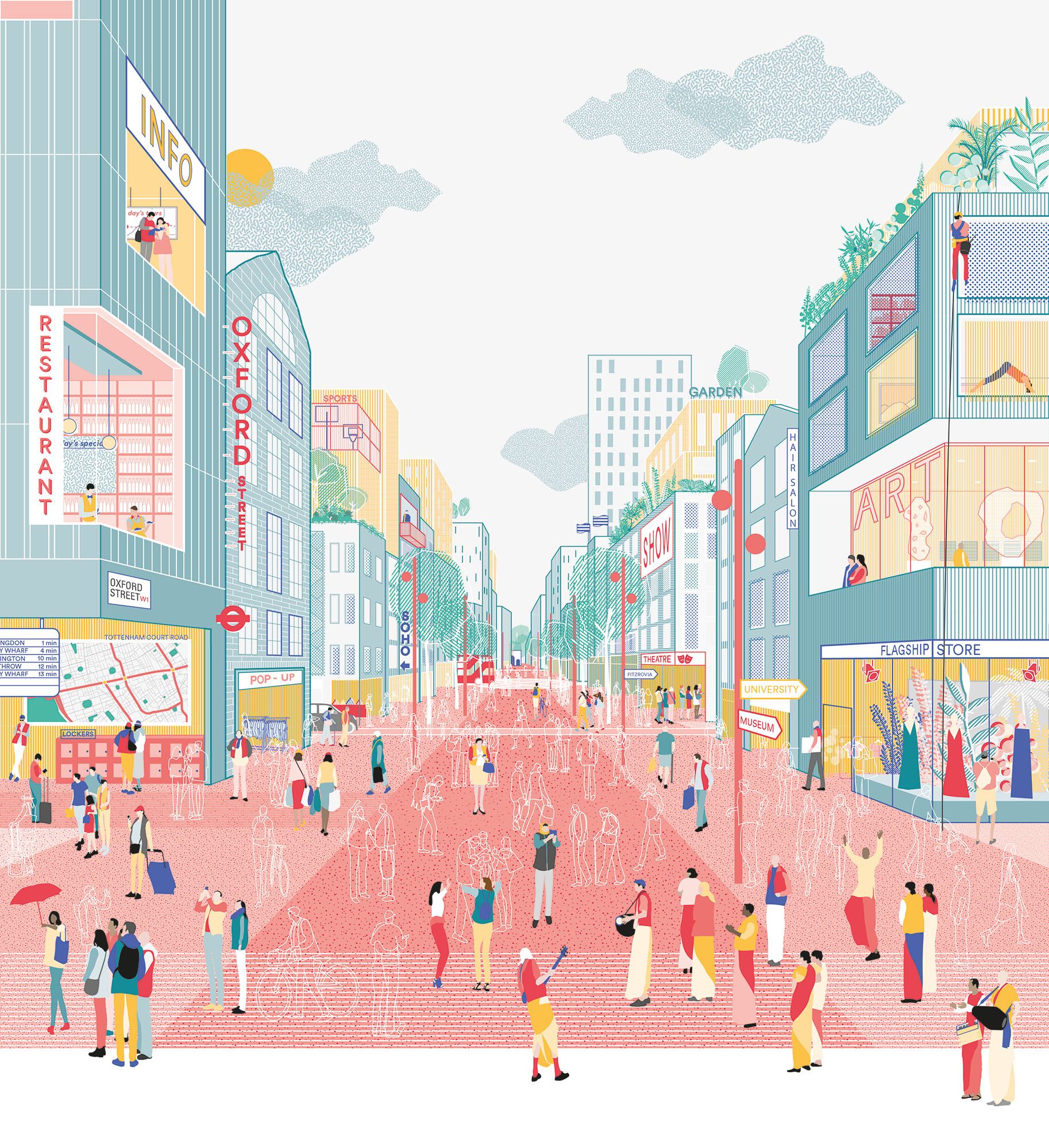 An illustrated view of Oxford Street with pedestrians on the street. 