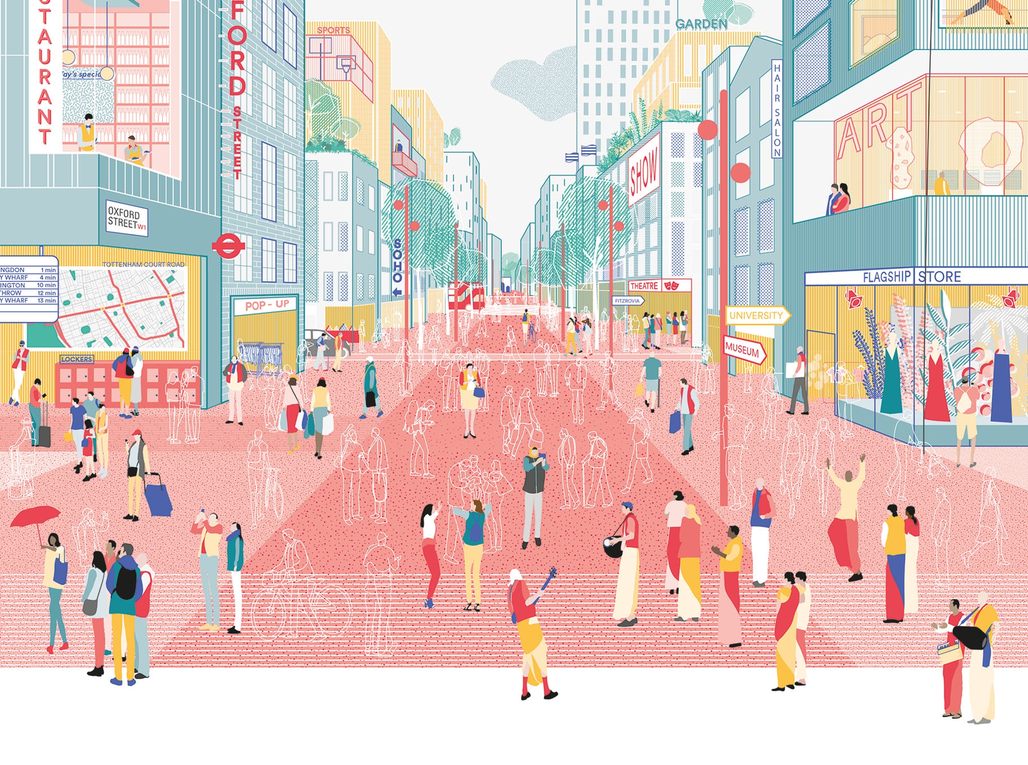 An illustrated view of Oxford Street with pedestrians on the street.