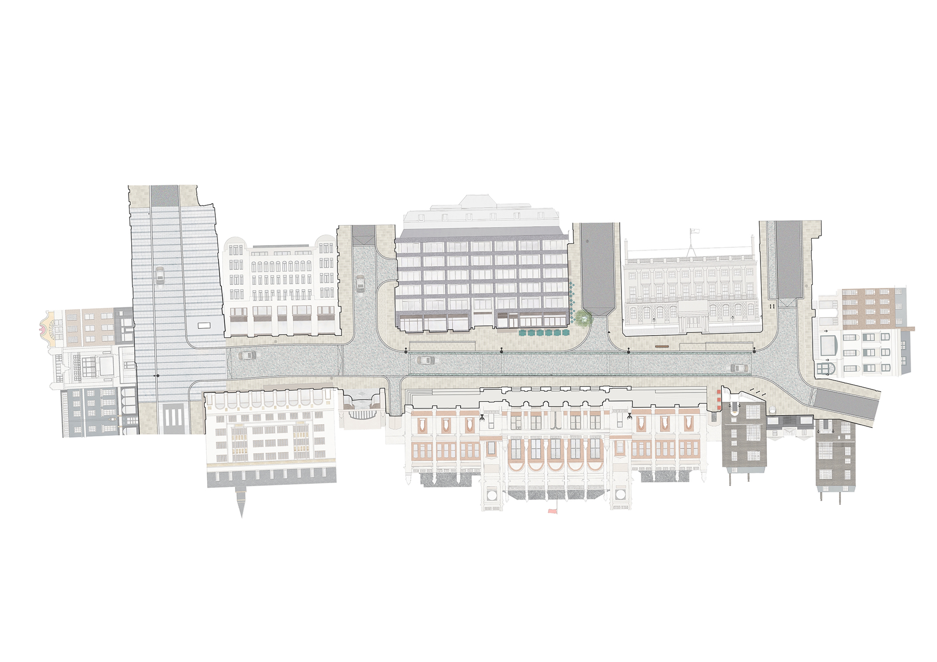 Concept design view of Burlington Gardens showing building elevations.