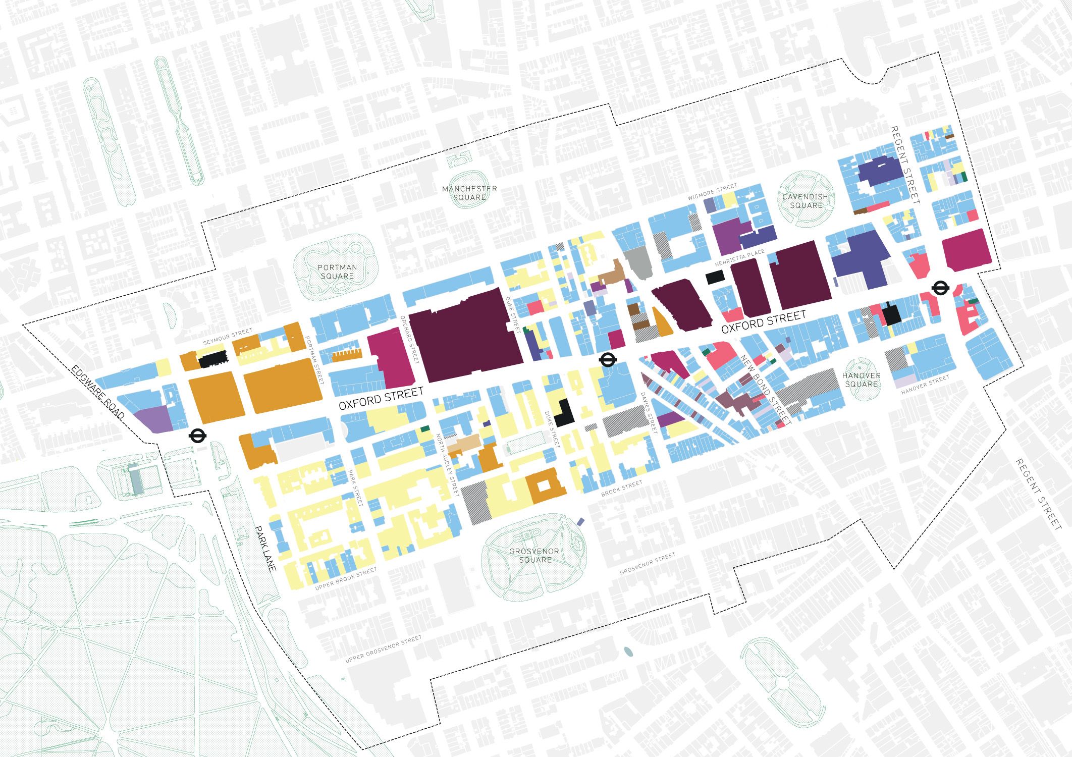 Plan view map of colour-coded upper floor land uses in the Oxford Street District.