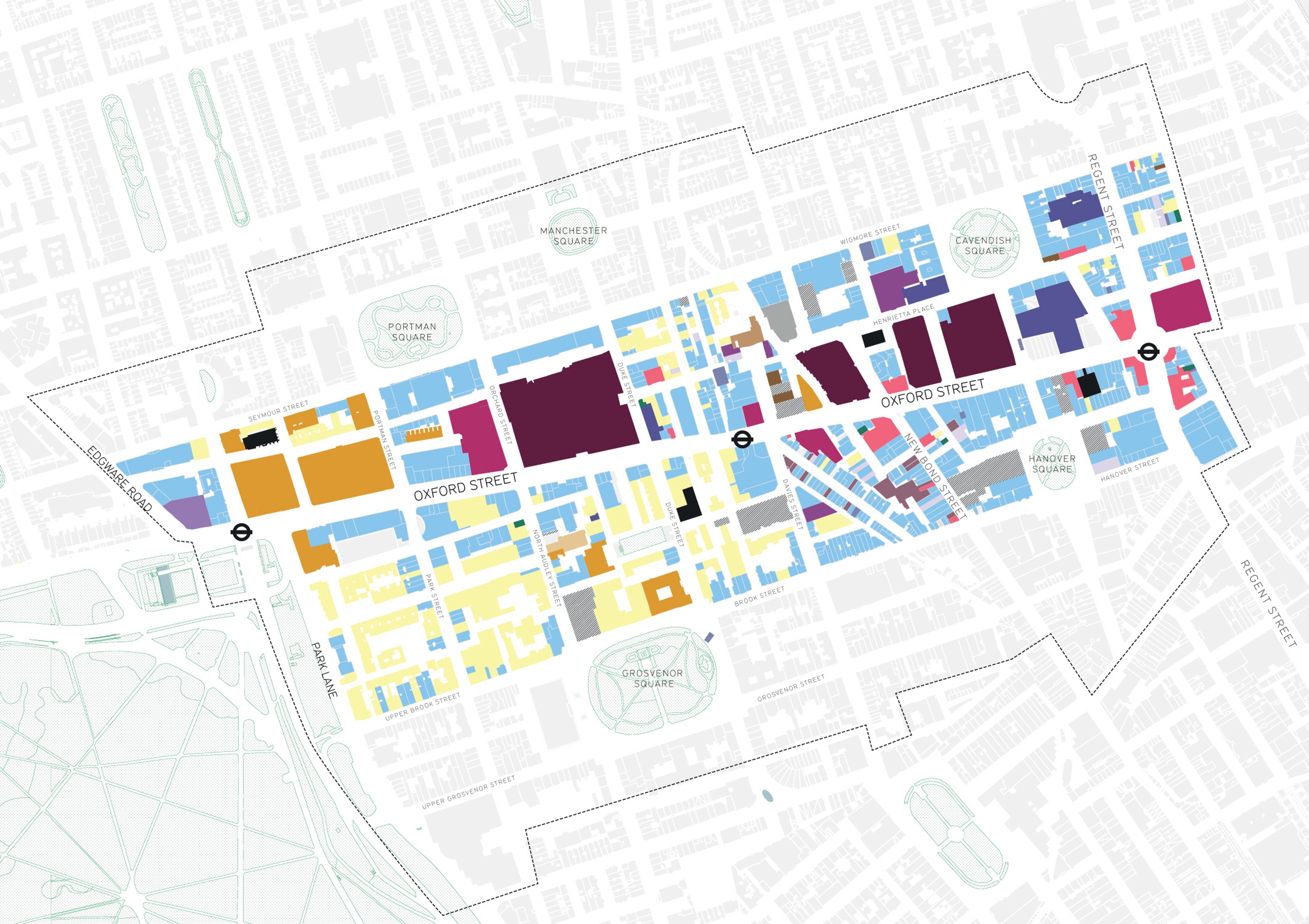 Plan view map of colour-coded upper floor land uses in the Oxford Street District.