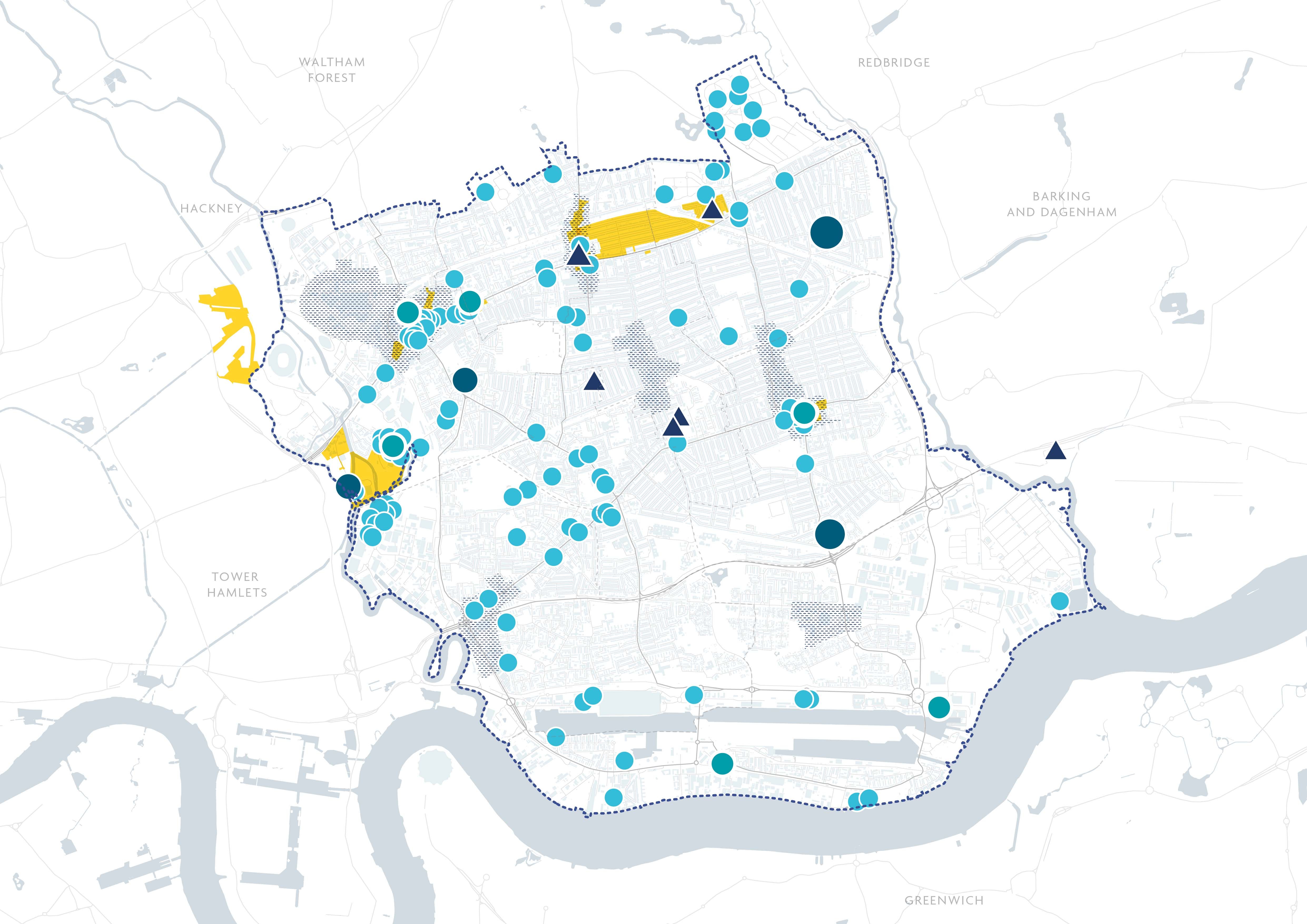 A map of Newham with national heritage spots mapped and depicted.