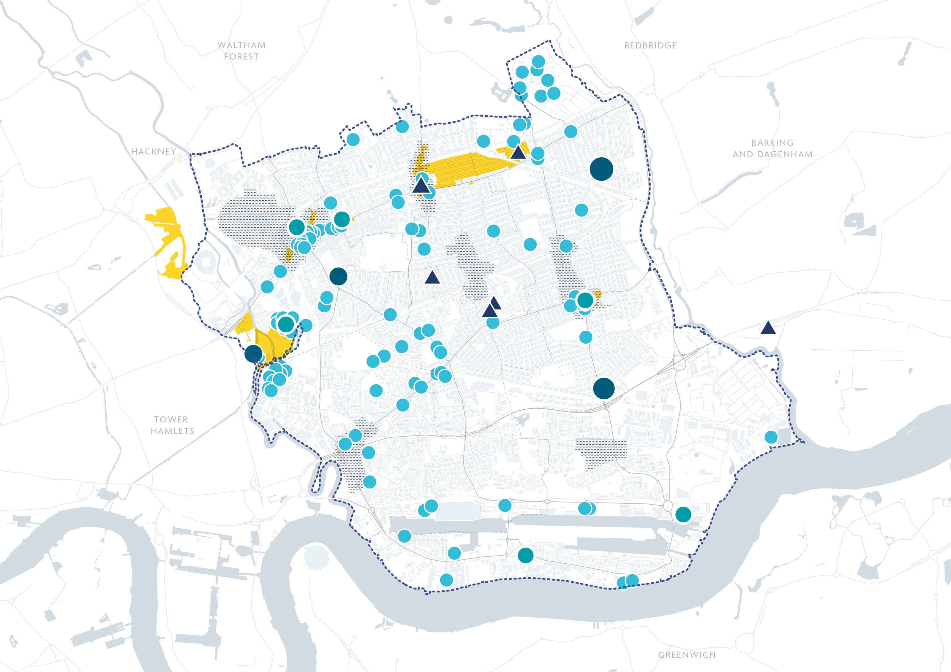 A map of Newham with national heritage spots mapped and depicted.