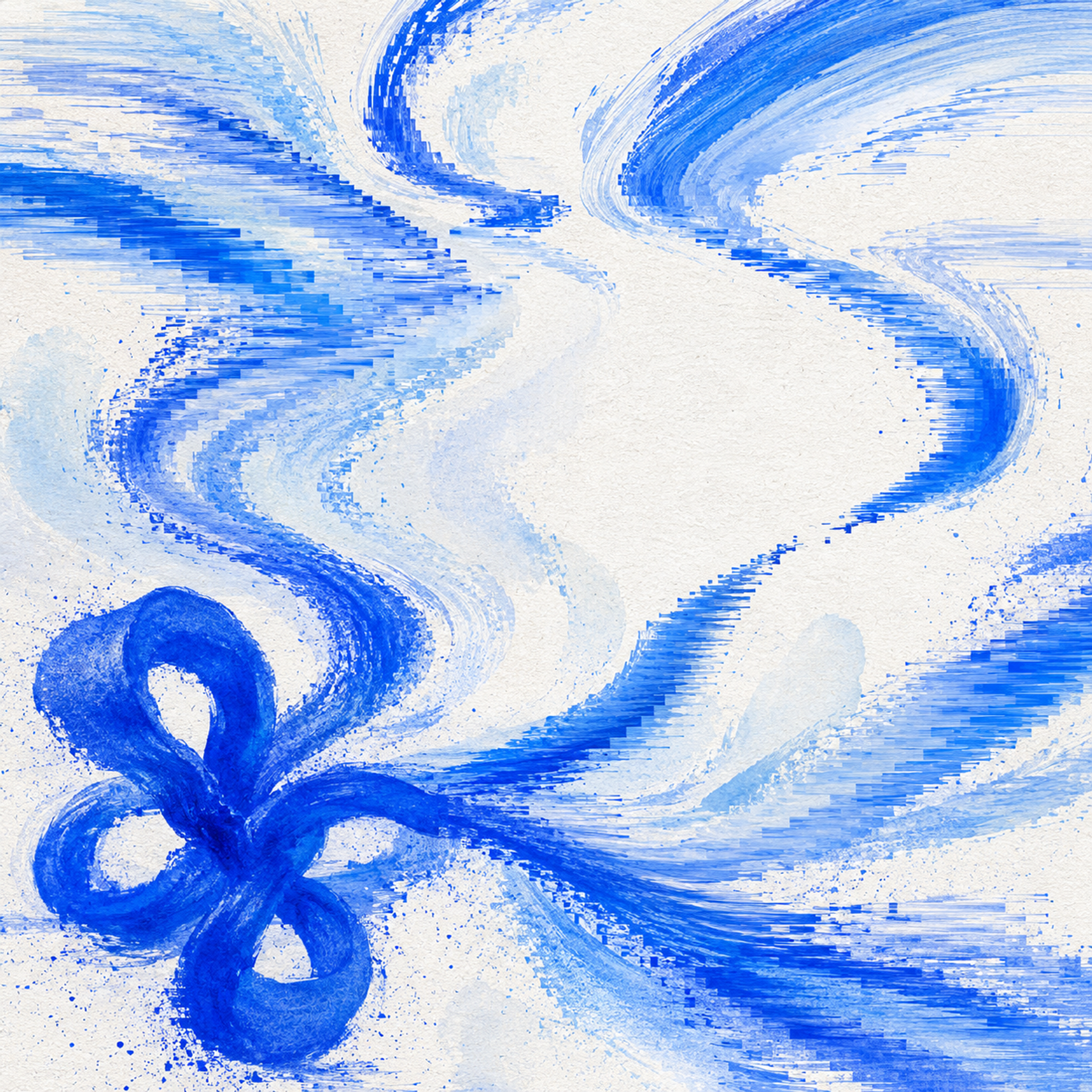 Abstract blue brushstrokes flowing across a textured white background.