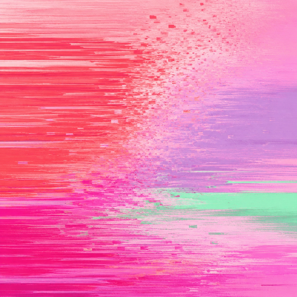 Bright colourful image, pinks, purples and greens with a shattered pixel stretch effect.