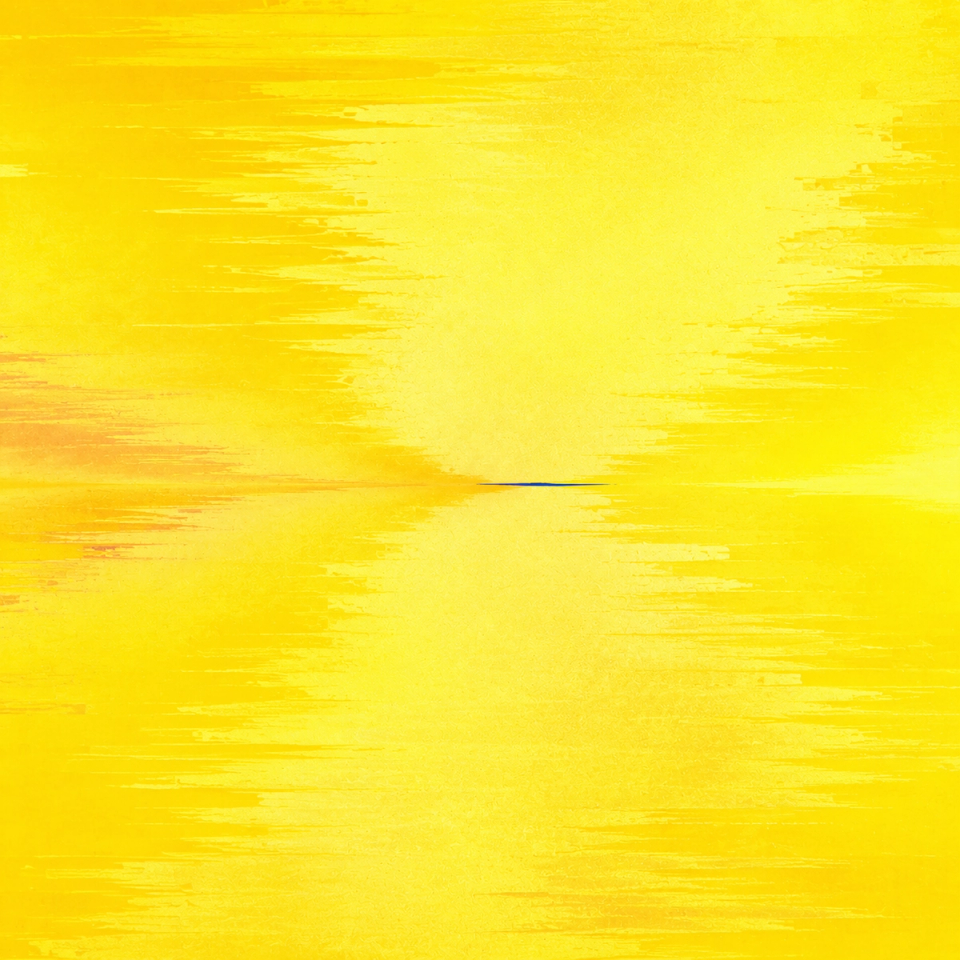 Abstract blue brushstrokes flowing across a textured yellow background.