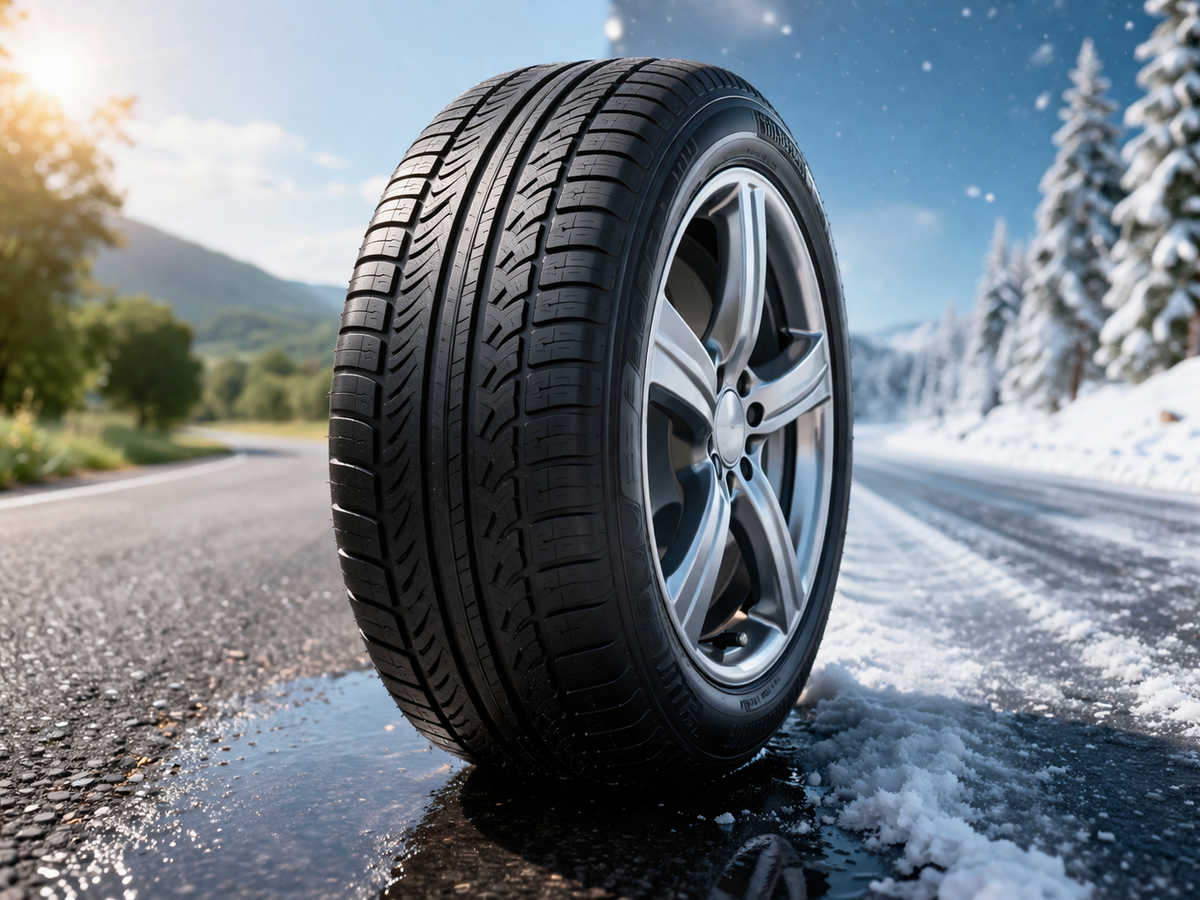 Close-up of a car tire on a road showing a split seasonal scene with summer on one side and winter on the other